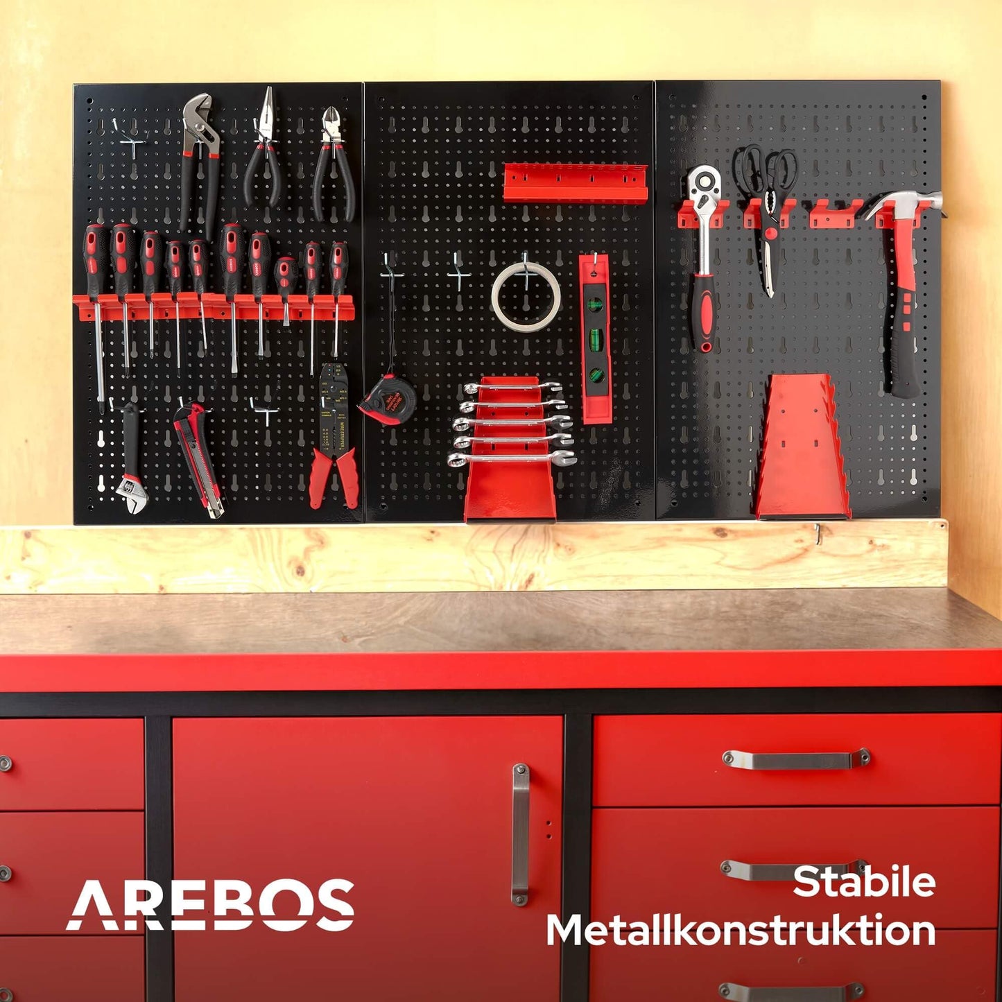 Arebos Tool Wall 3 Panels, 17- Piece Hook Set, 120 x 60 x 2 cm