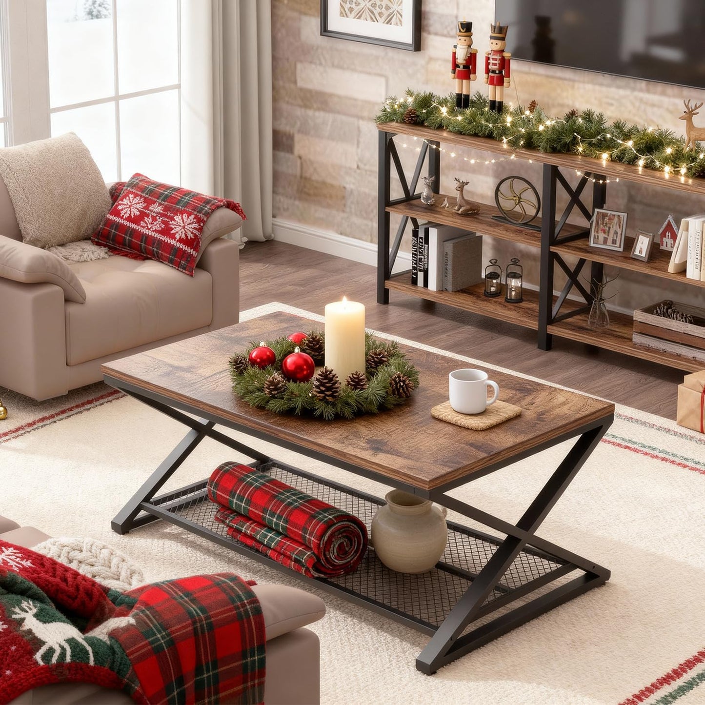 LVB Rectangular Coffee Table, Living Room Table, Sofa Table, Side Table, Wood, Metal, Living Room Furniture, Coffee Table, Vintage Retro Industrial Design, 120 x 60 x 45 cm