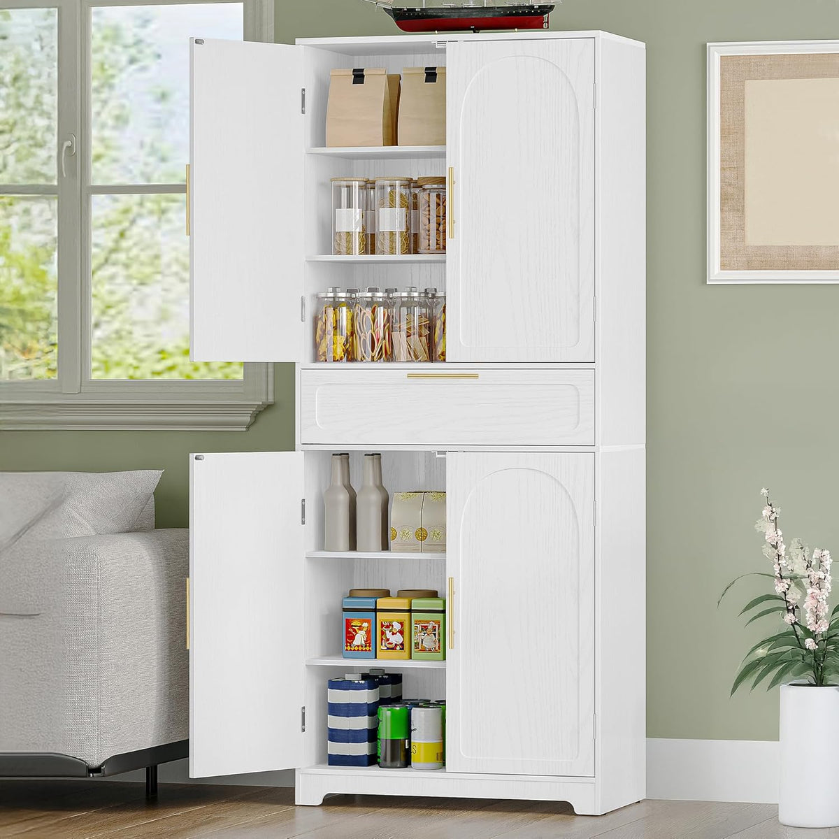 Hzuaneri PT18103X Kitchen Cabinet, Tall Cabinet with 4 Doors, Sideboard with 1 Large Drawer, Buffet Cabinet, Dining Room Cabinet, Adjustable Shelves for Dining Room, Kitchen, Living Room, White