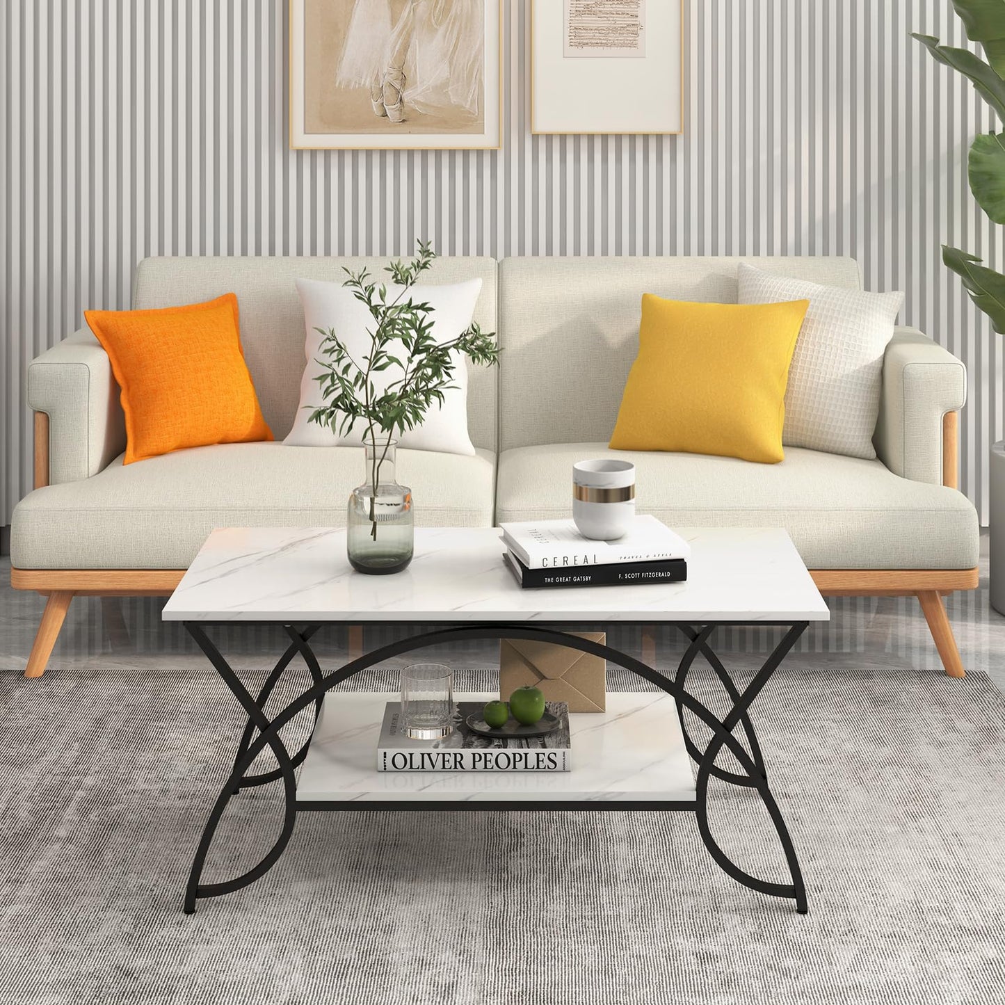 GIANTEX Coffee Table Marble Black, Coffee Table, Tea Table, 2 Shelves, Living Room Table, Modern Sofa Table, Tea Table, 100 x 50 x 45 cm, Accent Table with Metal Legs, Side Table with Marble Look