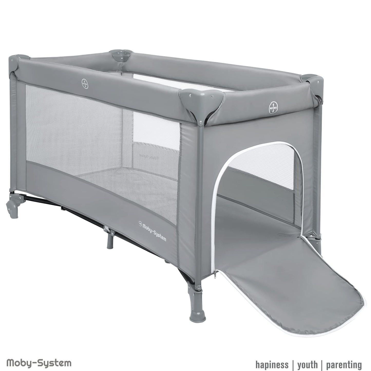 Moby-System Baby Travel Cot 128 x 68 cm - Foldable Children's Travel Bed with Mattress & Carry Bag - Playpen with Side Exit - for Babies up to 15 kg - Grey