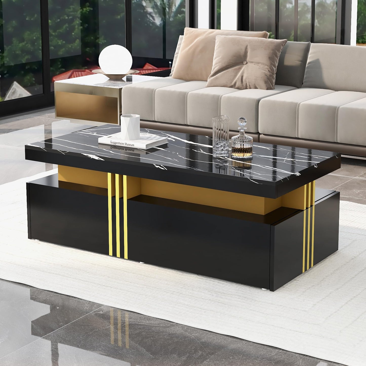 Merax Coffee Table LED High Gloss Middle Table Tea Table for Living Room Black Living Room Table with 2 Drawers and Open Compartment, Rectangular Side Table Sofa Table Coffee Table for Bedroom Office