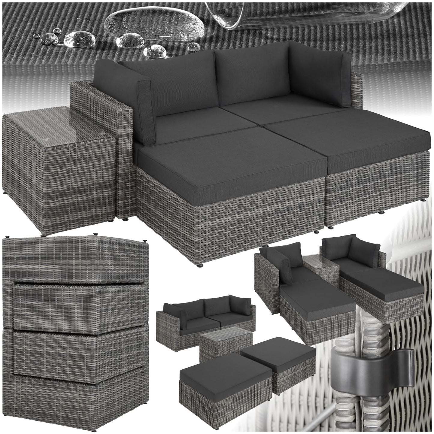tectake® Luxus Rattan Lounge Set Outdoor, modulares Sofa mit Couch Tisch und Hocker, Balkon Möbel, Garten, Terrasse, Gartenmöbel Set wetterfest, Balkon Lounge, Gartenlounge - Natur