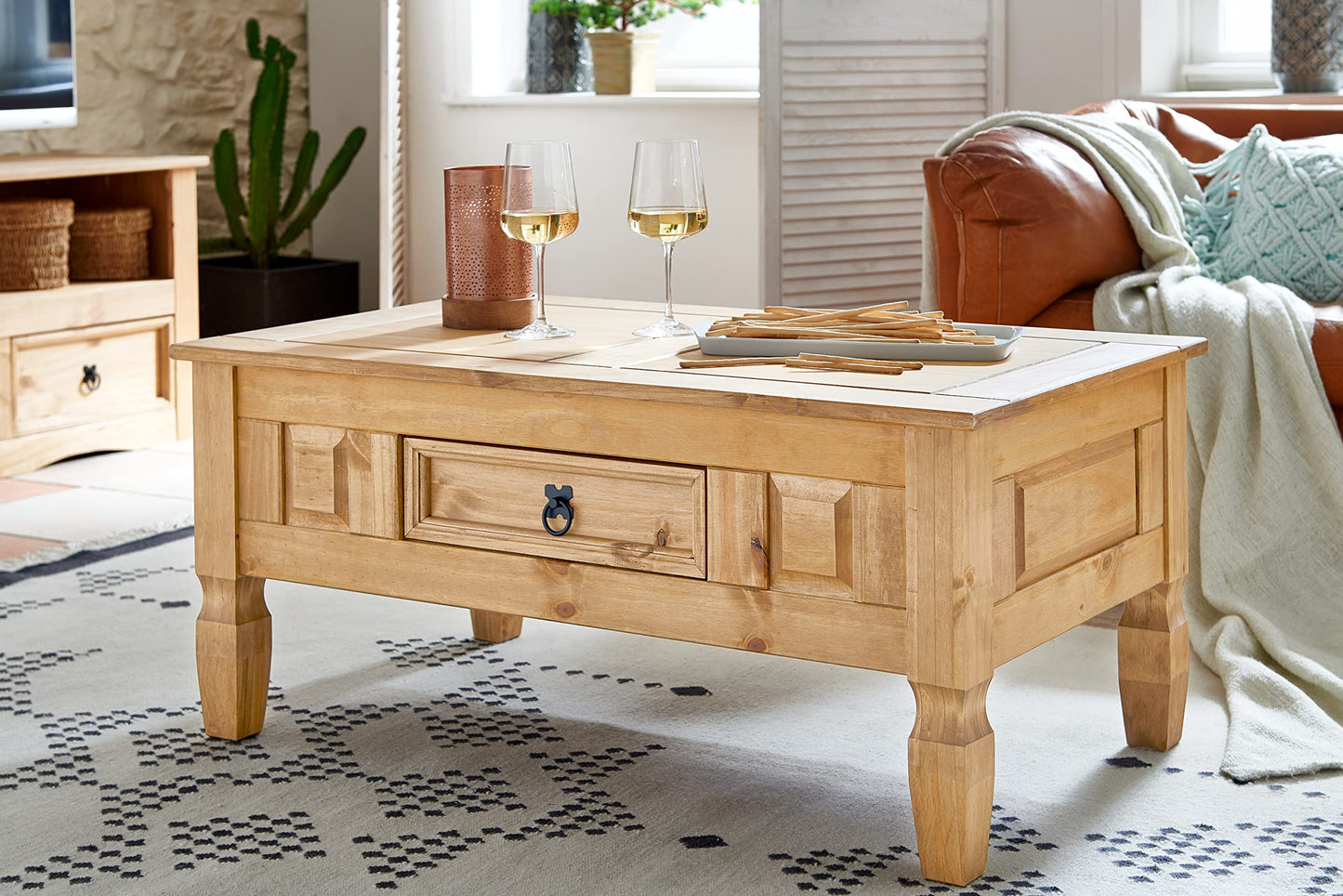 SAM Cancun Coffee Table Solid Pine Wood Side Table with Drawer White Varnished Honey Top Plate Black Metal Handle Mexico Furniture