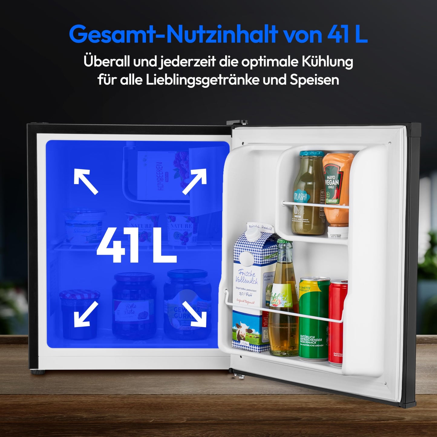 MEDION MD37724 Mini Fridge with Freezer (Small, Quiet, 41L Small Fridge for Office, Hotels, Mini Bar, Camping Gaming, Drinks Fridge, Food & Ice Cream, Interchangeable Door Hinge, Grey