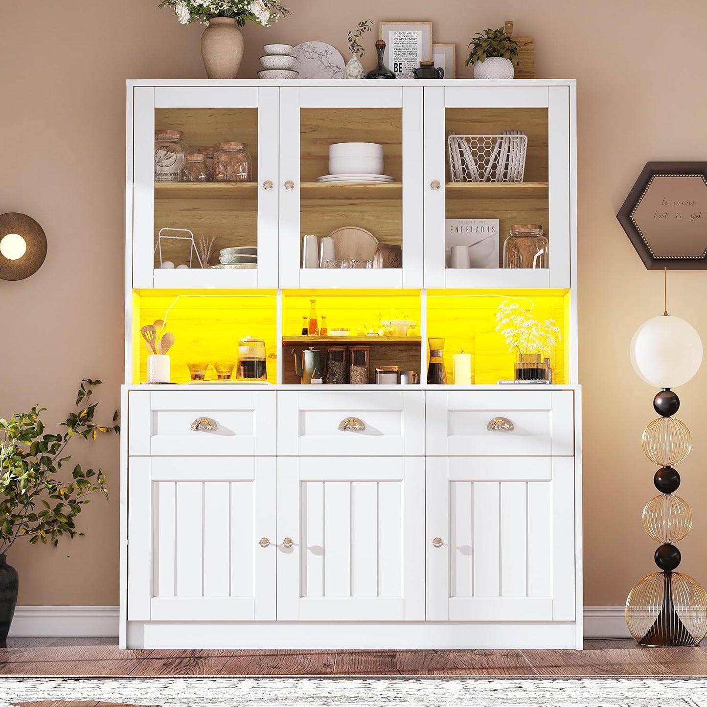 Dolamaní Kitchen Cabinet Buffet Cabinet 140 x 40 x 175 cm with LED More Storage Space for Kitchen, Buffet with Worktop & Adjustable Shelf, Display Cabinet with 3 Drawers with 6 Doors (Black)