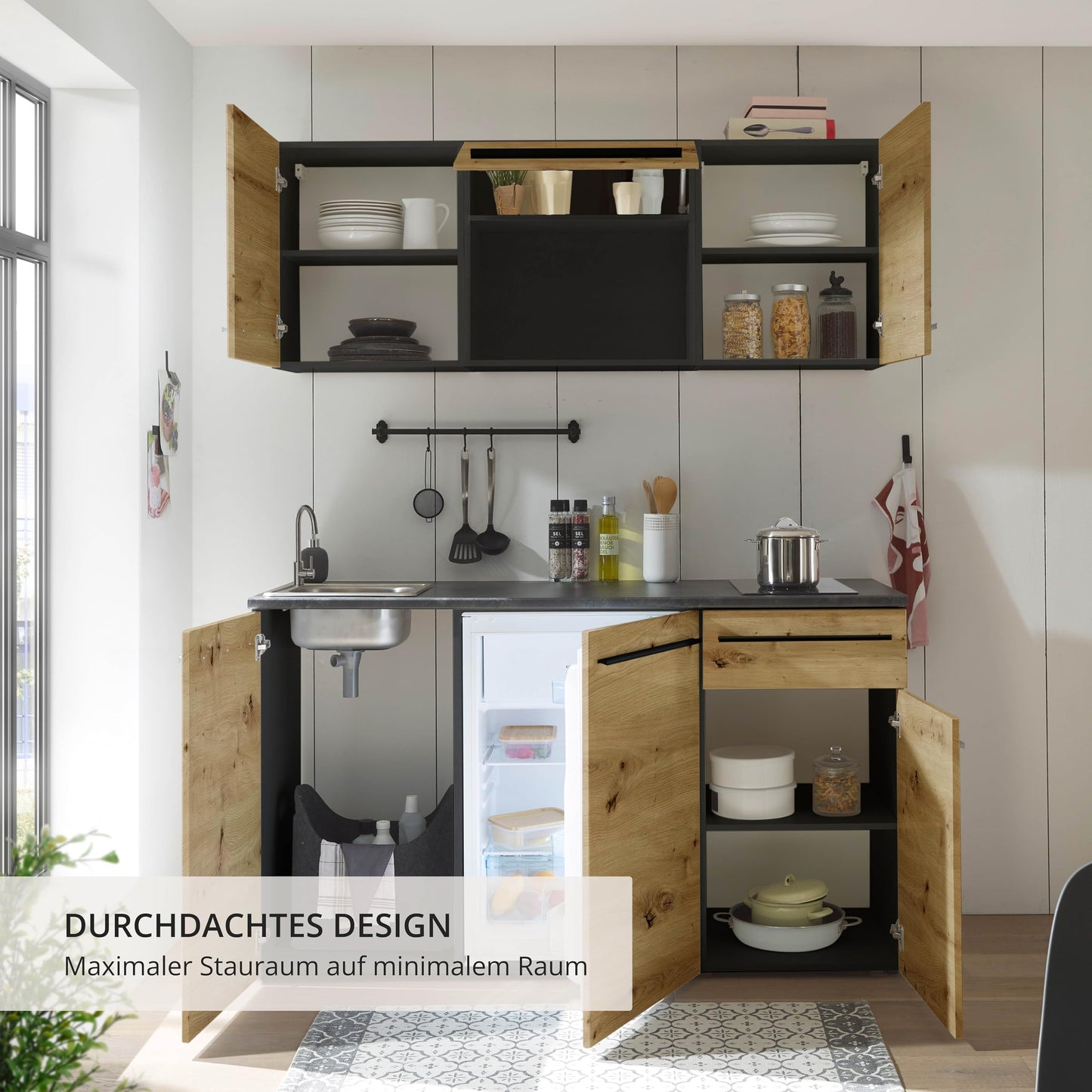 Jazz 84-240-Y6 Single Kitchen Unit Black / Artisan Oak Approx. 160 x 212 x 60 cm