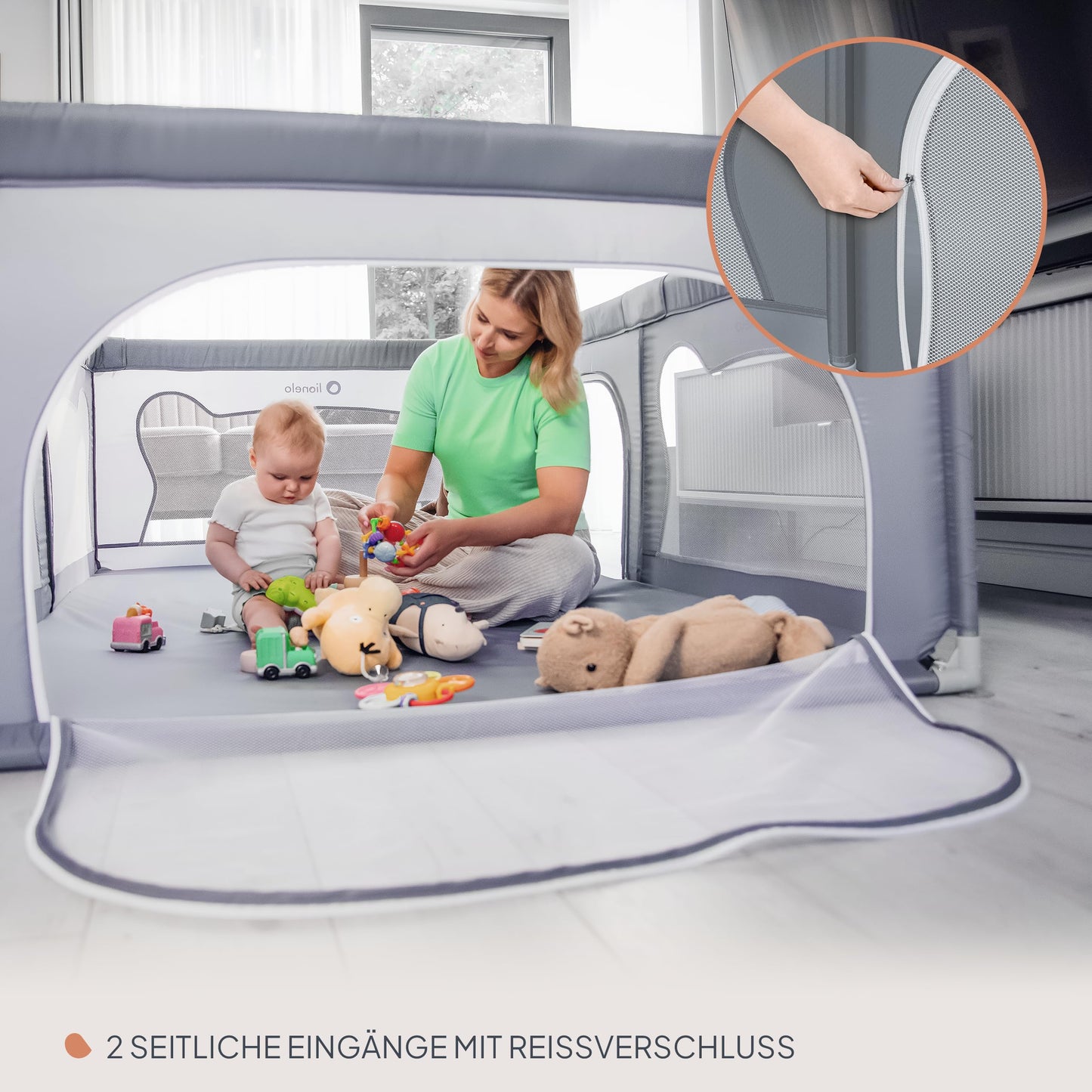 LIONELO WILLOW Baby Playpen from 0-48 Months Large Area 120 cm x 180 cm x 68 cm with Side Walls Made of Breathable, Durable Mesh Fabric, 2 Side Entrances with a Zip