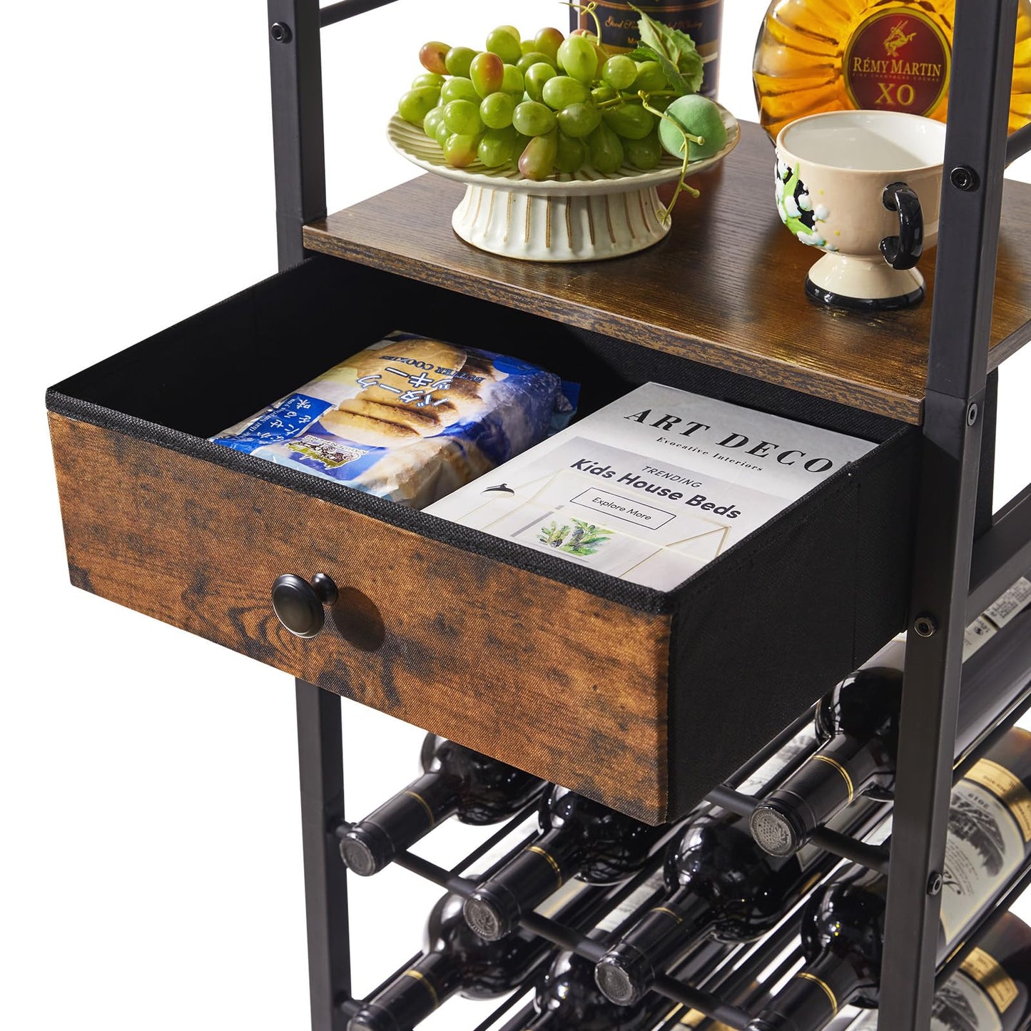 IBUYKE TMJ905H Wine Rack, 4-Layer Freestanding Wine Rack with Glass Holder and Drawer, 16 Bottle Rack, Countertop Wine Rack with Table Top Shelf, for Kitchen, Bar, Dining Room, Vintage Brown