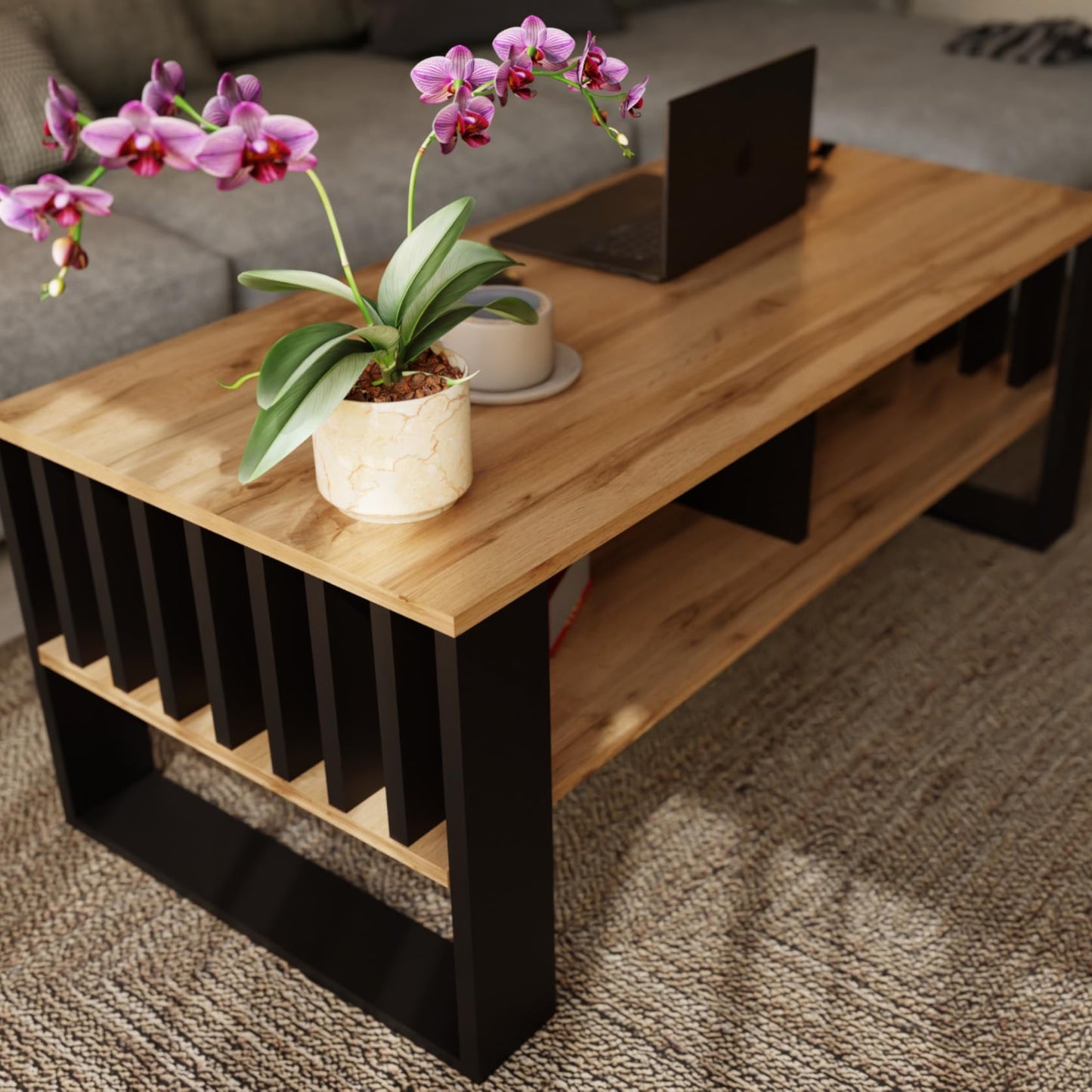 Meble Pitus Coffee Table White - Modern Living Room Table 90 x 50 x 50 cm with Storage Space & Slat Design