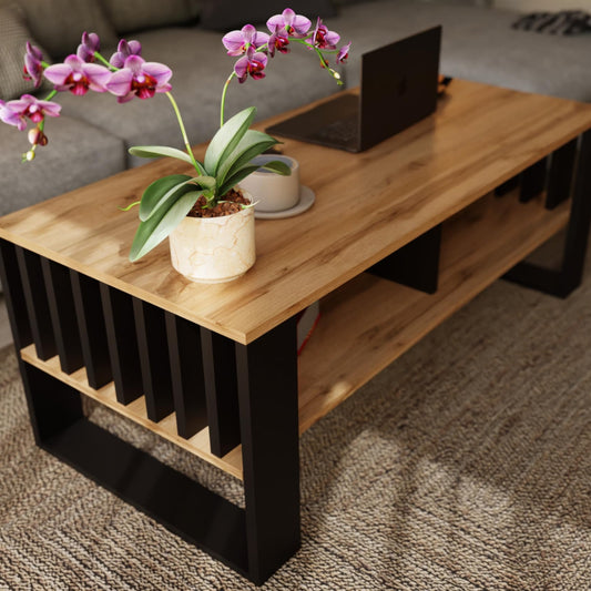 Meble Pitus Coffee Table White - Modern Living Room Table 90 x 50 x 50 cm with Storage Space & Slat Design