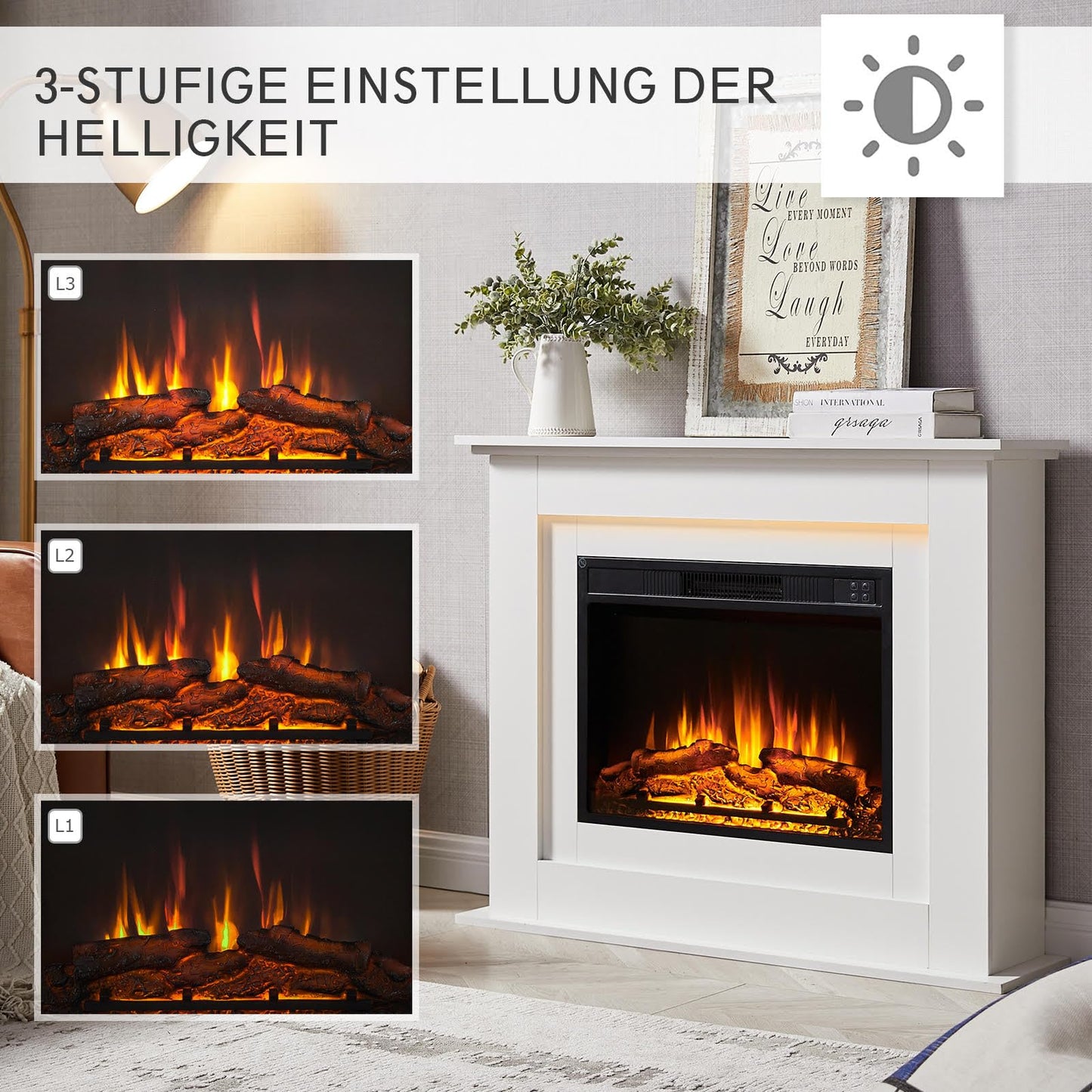 BALDERIA Finn Electric Fireplace, Electric Standing Fireplace, 3D Flame Effect, LED Ambient Lighting, Heating 2000 W, Timer, Thermostat, Start Control, Open Window Battery, Remote Control, Dark Oak