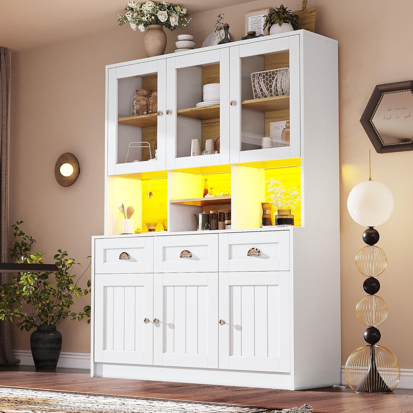 Dolamaní Kitchen Cabinet Buffet Cabinet 140 x 40 x 175 cm with LED More Storage Space for Kitchen, Buffet with Worktop & Adjustable Shelf, Display Cabinet with 3 Drawers with 6 Doors (Black)