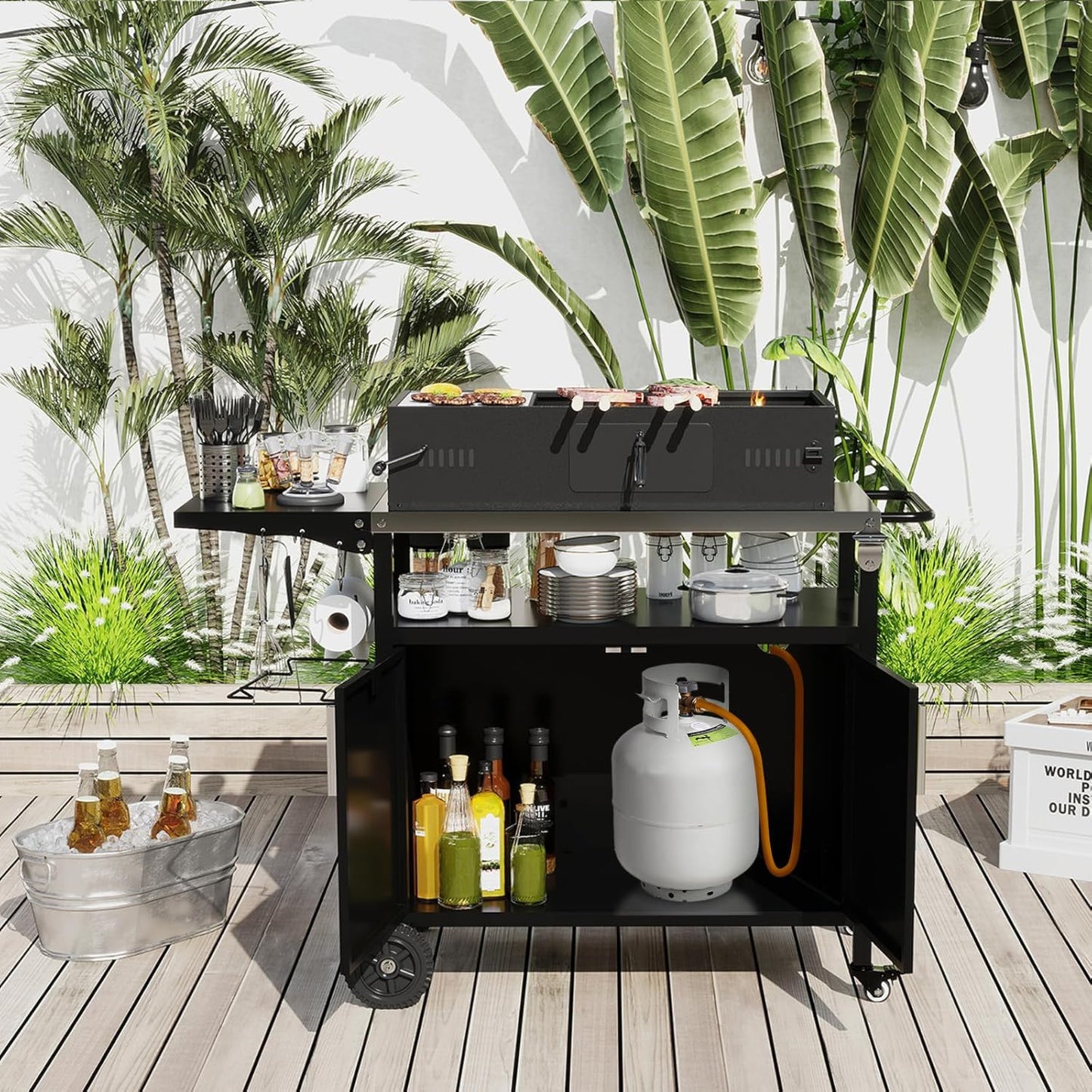 KOMFOTTEU BBQ Trolley with Stainless Steel Worktop, Serving Trolley with Folding Tabletop, Grill Table with Cabinet, 6 Hooks, Garbage Bag Holder & Handle, for Picnic, Party, 127 x 50 x 84 cm