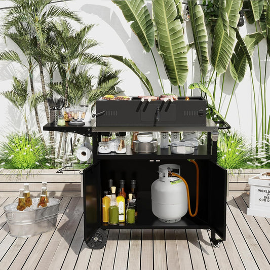 KOMFOTTEU BBQ Trolley with Stainless Steel Worktop, Serving Trolley with Folding Tabletop, Grill Table with Cabinet, 6 Hooks, Garbage Bag Holder & Handle, for Picnic, Party, 127 x 50 x 84 cm