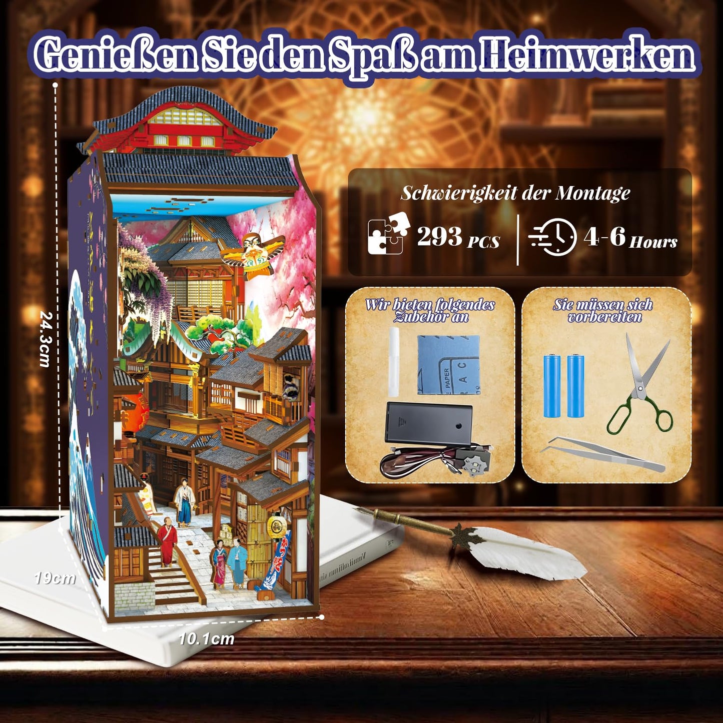 Book Nook Japan, Sakura Straße Booknook Japanischer Kit, 293PCS DIY Miniature House mit Licht, 3D Puzzle für Erwachsene und Heranwachsende, Japanische Deko Holzpuzzle Erwachsene Bücherregaldekoration