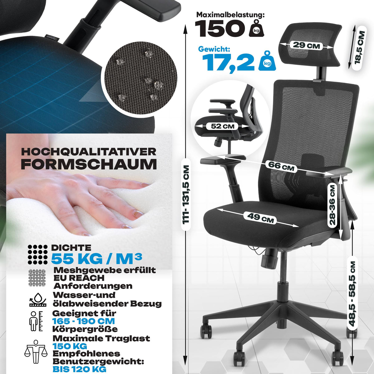 M2 Ergonomic Office Chair, Test Winner with Adjustable Armrest without Headrest for Maximum Freedom of Movement, Back-Friendly, Comfortable Desk Chair for Office and Home Office Chair