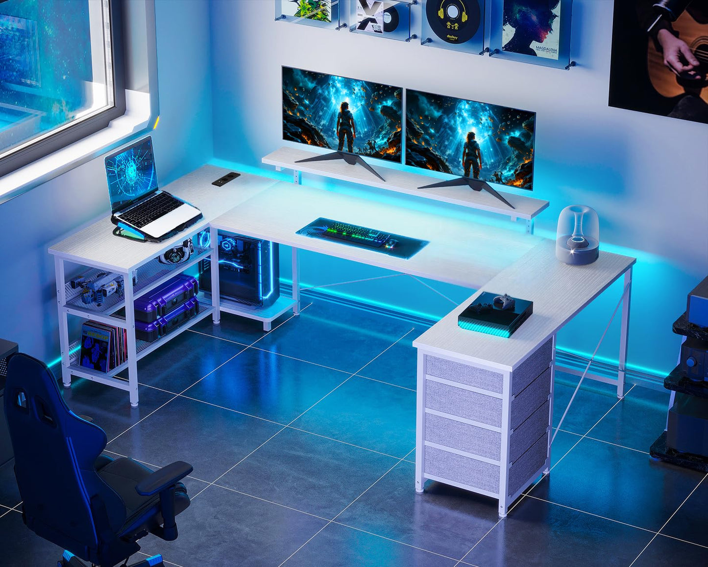 ODK Corner Desk with 4 Drawers and Storage Space, 167 x 102 cm Reversible Corner Desk with 2 Sockets and 2 USB Charging Ports, Gaming Desk with LED and Monitor Stand for Home Office, Black