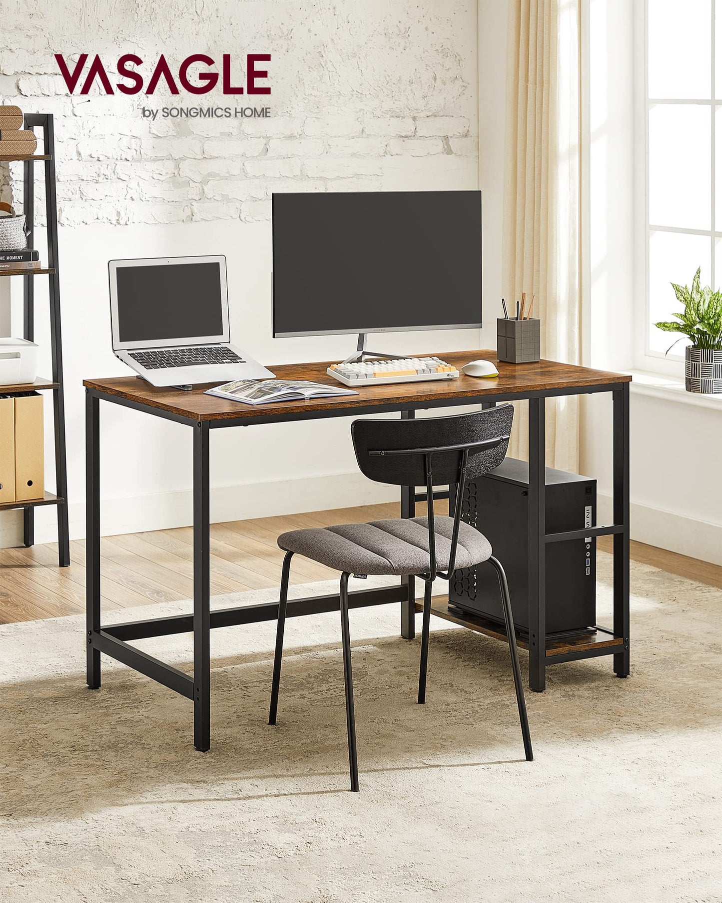 VASAGLE LWD55X Desk Computer Desk PC Desk Office Table with 2 Shelves on Right or Left Side for Office Living Room Steel Frame Industrial Design Vintage Brown/Black
