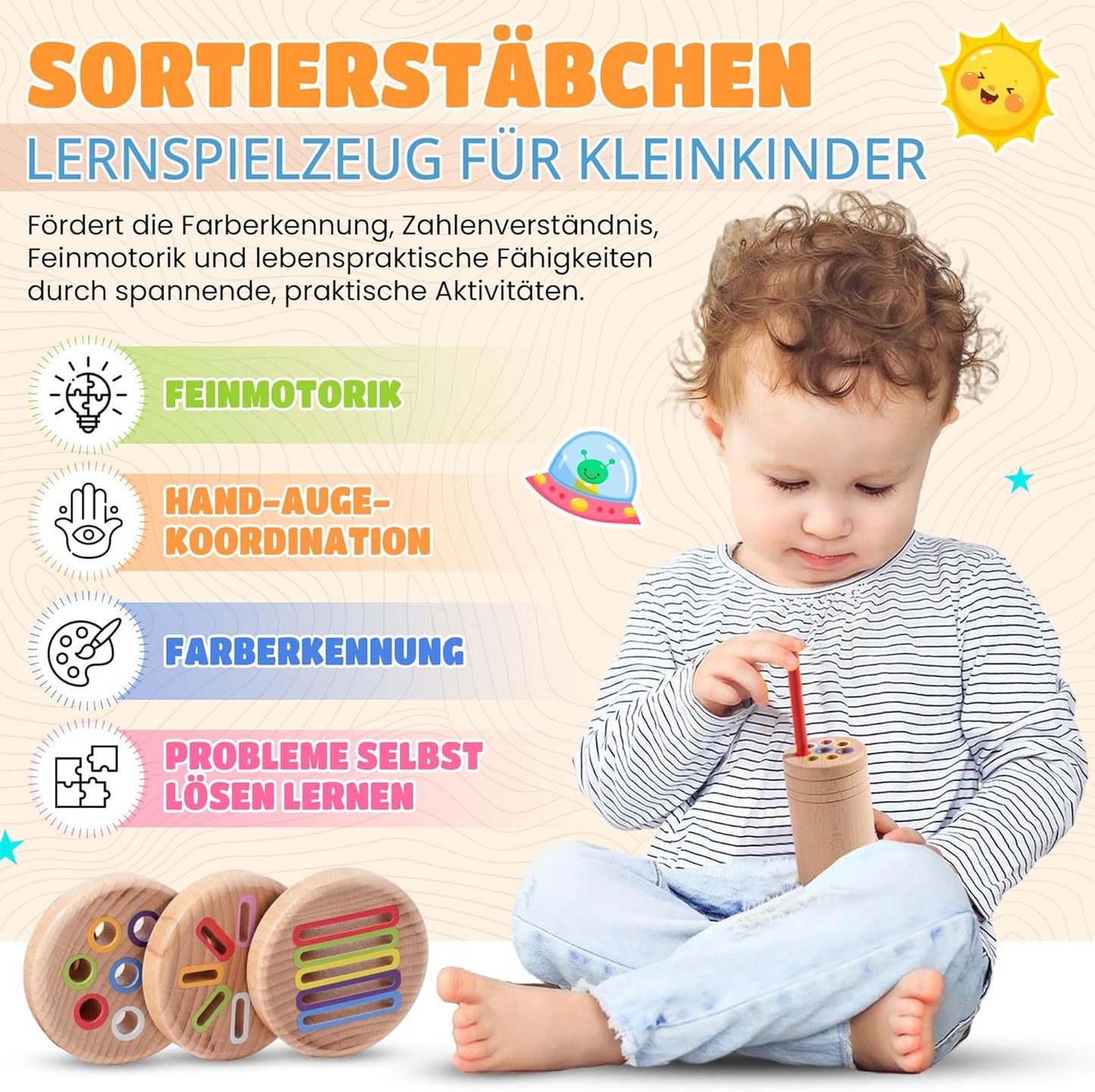 YAANI Montessori Sorting Sticks, Montessori Toy from 1 Year, Baby Toy 6 Months, Montessori Toy Baby, Toy from 2 Years, Montessori Toy from 3 Years