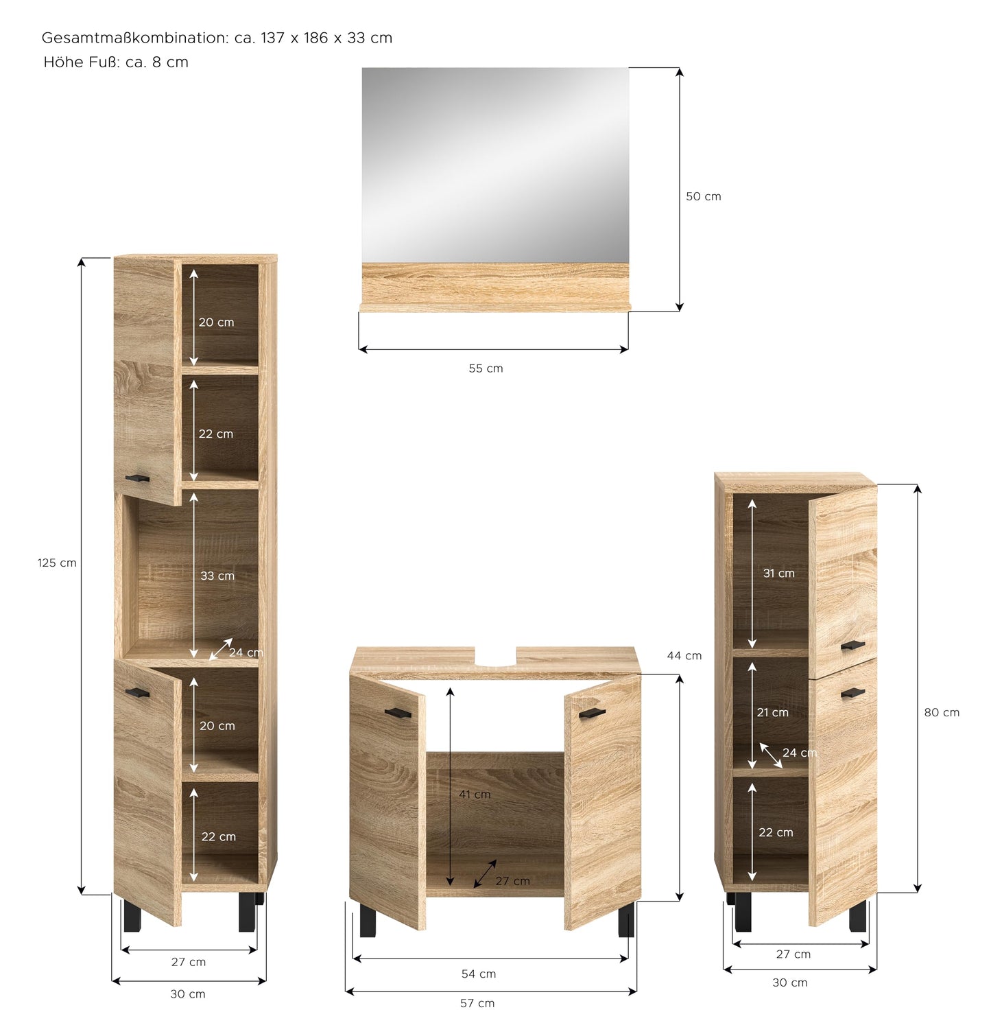Boston Bathroom Cabinet, Standing Wall Cabinet, Hanging Cabinet, Wall Cabinet, Sonoma Oak Wood, Approx. 30 x 80 x 29 cm, Floor Standing/Hanging Mountable
