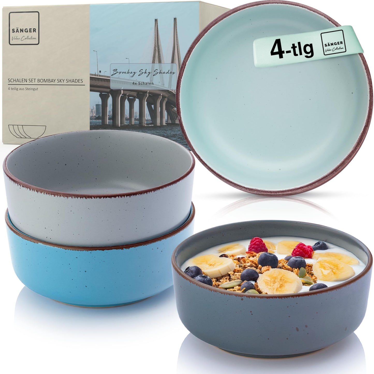SÄNGER Bombay Seabed Crockery Service 20 Pieces, Stoneware Crockery for 4 People, 4 x Dinner Plates, 4 x Dessert Plates, 4 x Bowls, 4 x Pasta Plates, 4 x Coffee Mugs, Plate Set Colourful Value