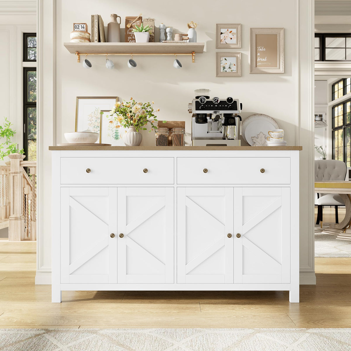 FirFurd Sideboard 140 cm Wide Kitchen Cabinet with Worktop Buffet Cabinet with 2 Drawers 4 Doors Kitchen Buffet with Adjustable Shelves for Living Room Kitchen Dining Room 140 x 40 x 89 cm White