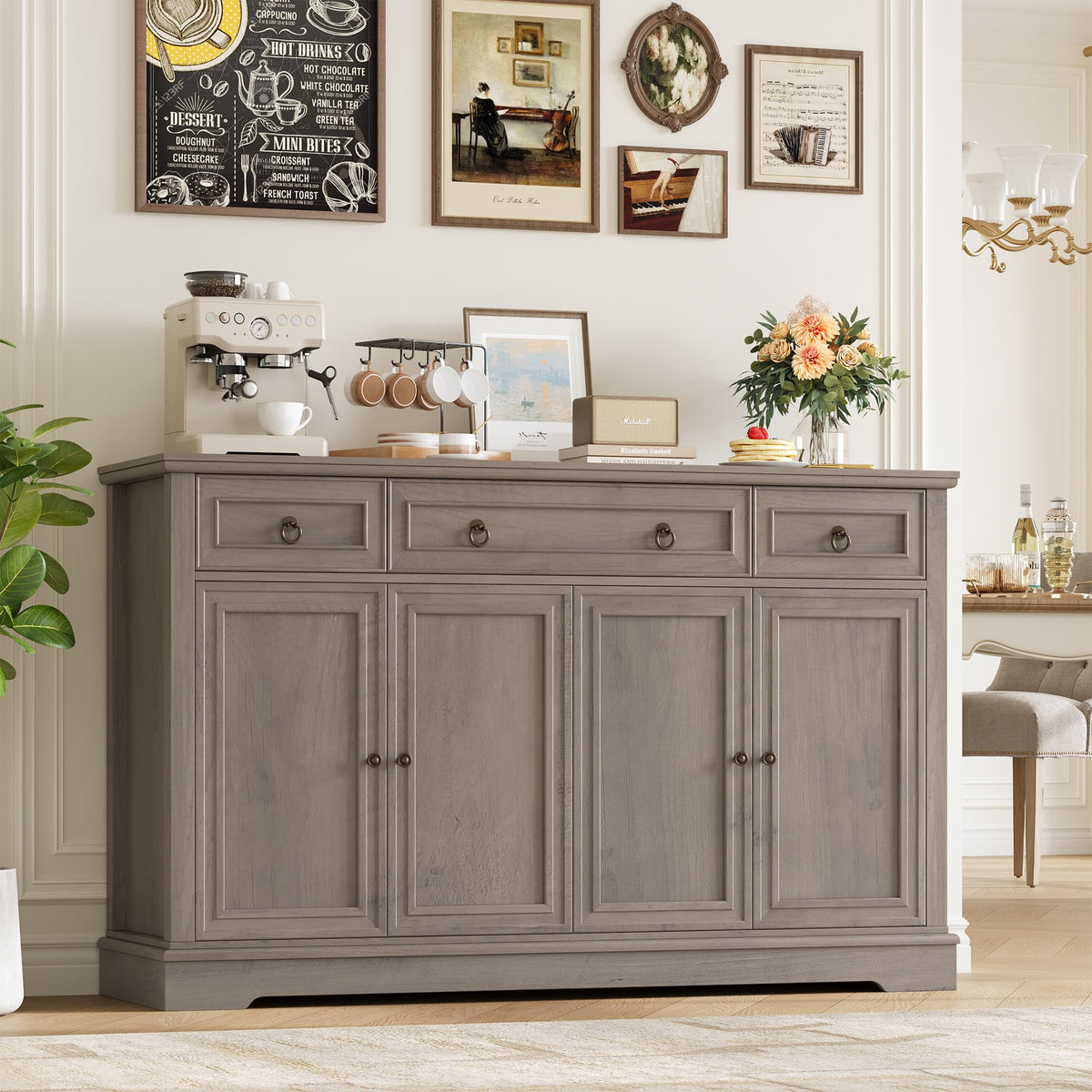 FirFurd Sideboard Kitchen Cabinet with Worktop Buffet Cabinet Sideboard for Kitchen Living Room Cabinet with 3 Drawers and 4 Doors Kitchen Buffet with Adjustable Shelf 134 x 87 x 40 cm White