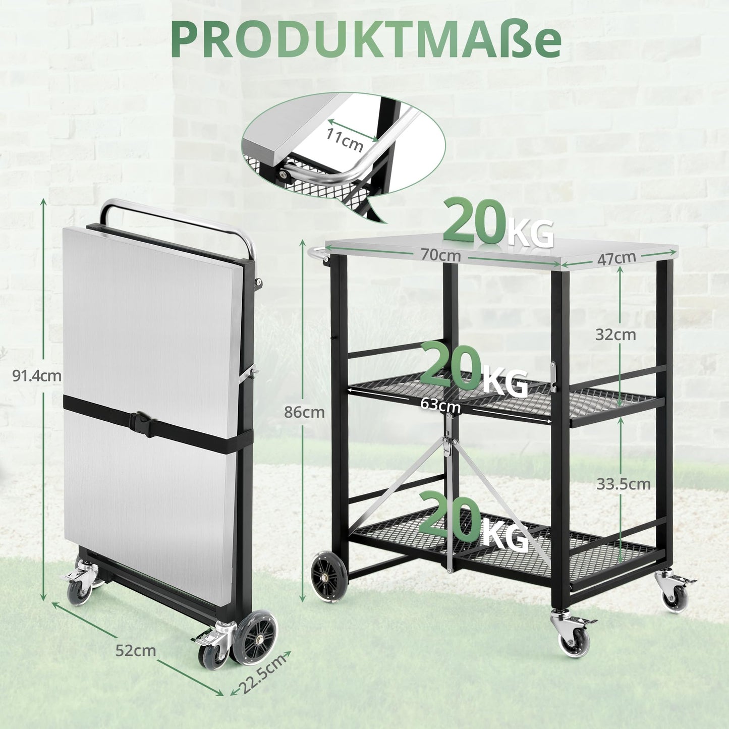 LUE BONA Folding BBQ Trolley, BBQ Table with 2 Shelves, Outdoor Kitchen Side Table on Wheels, Serving Trolley for Garden, Barbecue, Camping, Stainless Steel Table Top