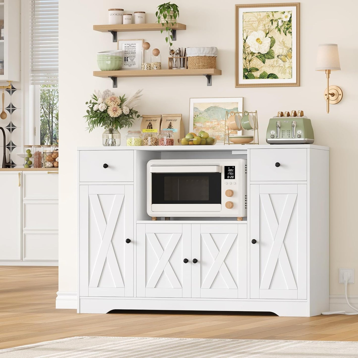 HOCSOK 120 cm Sideboard Kitchen, Kitchen Cabinet with Socket and Microwave Shelf, Storage Cabinet Buffet Cabinet with Adjustable Shelves for Kitchen, Dining Room, Living Room, 120 x 85 x 40 cm