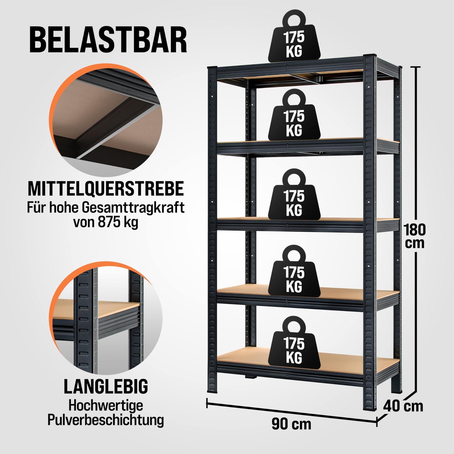 Monzana® Heavy Duty Shelving Unit 160 x 90 x 40 cm 700 kg 4 MDF Shelving Unit Storage Shelving Basement Shelving Workshop Shelving Unit