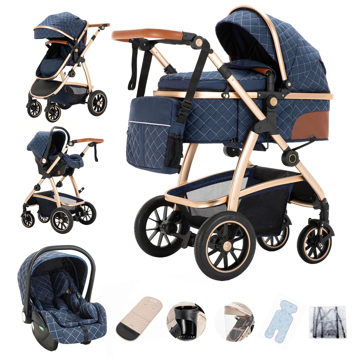 Gcarebb PU Leather 3-in-1 Pram, Buggy with Car Baby Seat, Foldable Portable Pushchair Complete Set, Combination Pushchair with Aluminium Frame for Newborns 0-4 Years