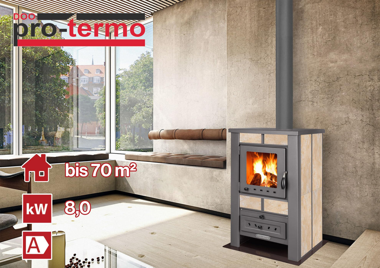 ProTermo Alpina G Beige Fireplace with Fireclay Stone - 8 kW Heating Output - Fireplace Wood Stove with Viewing Window, Type 1