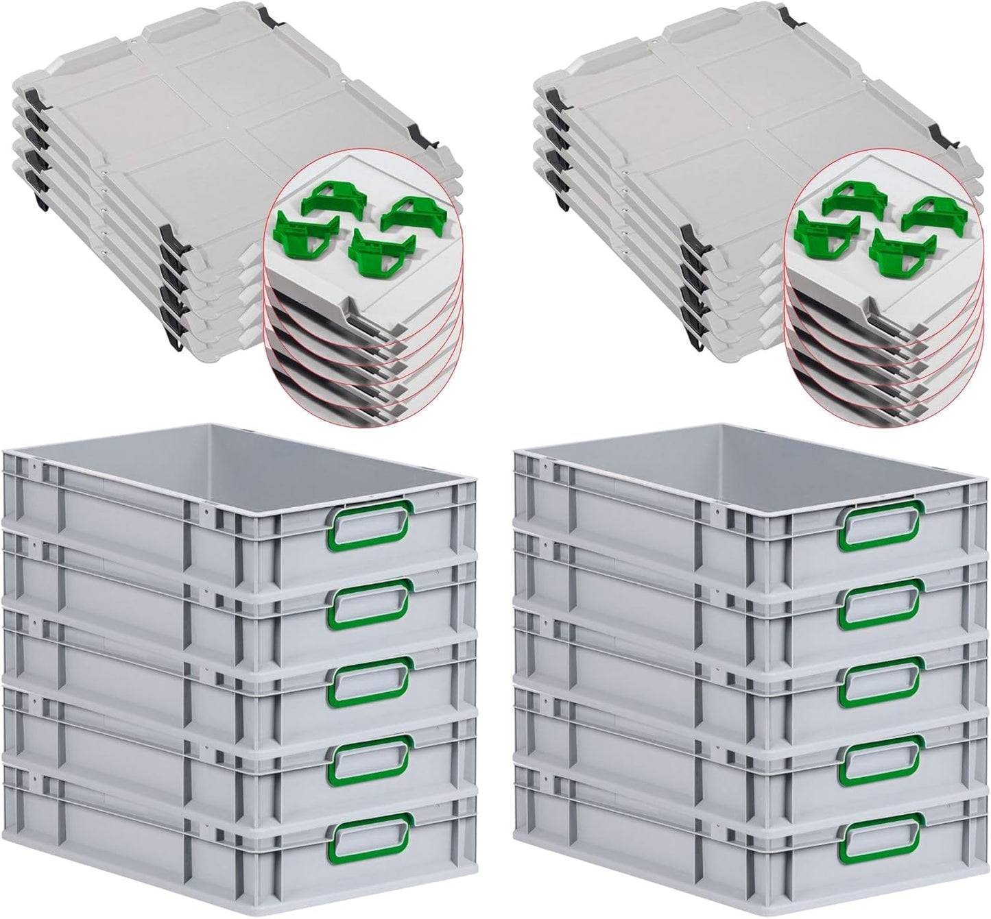 PROREGAL Economy Set of 5 Eurobox NextGen Colour with Lid and Sliding Snap Fasteners, H x W x D 22 x 30 x 40 cm, 20 L, Black, Closed Handles, Euro Container, Transport Box, Transport Container