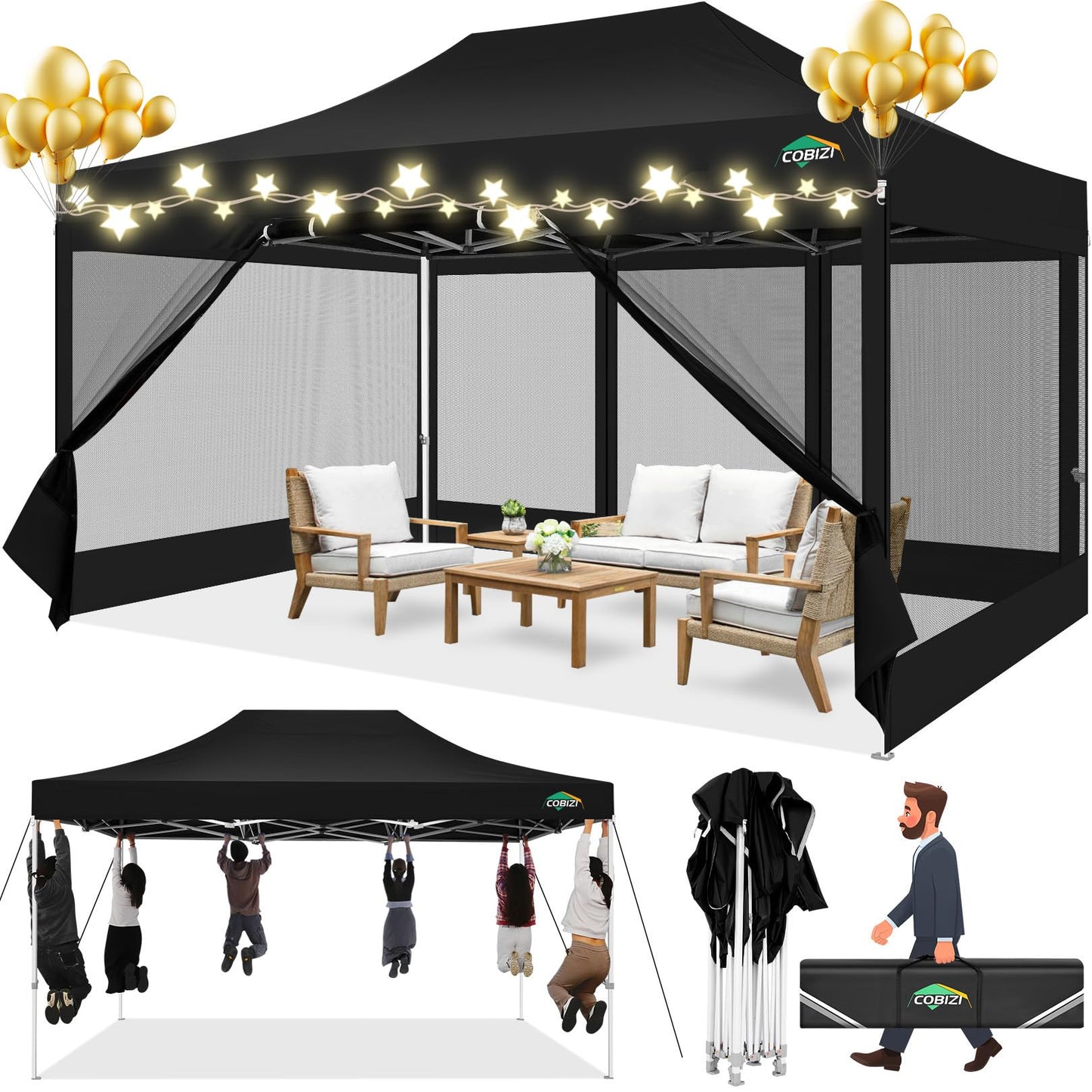 COBIZI Pavillon 3x3 Faltpavillon 3x3 Wasserdicht Stabil, Partyzelt Gartenpavillon UV-Schutz mit 4 Seitenwänden aus Mesh, Schwarz