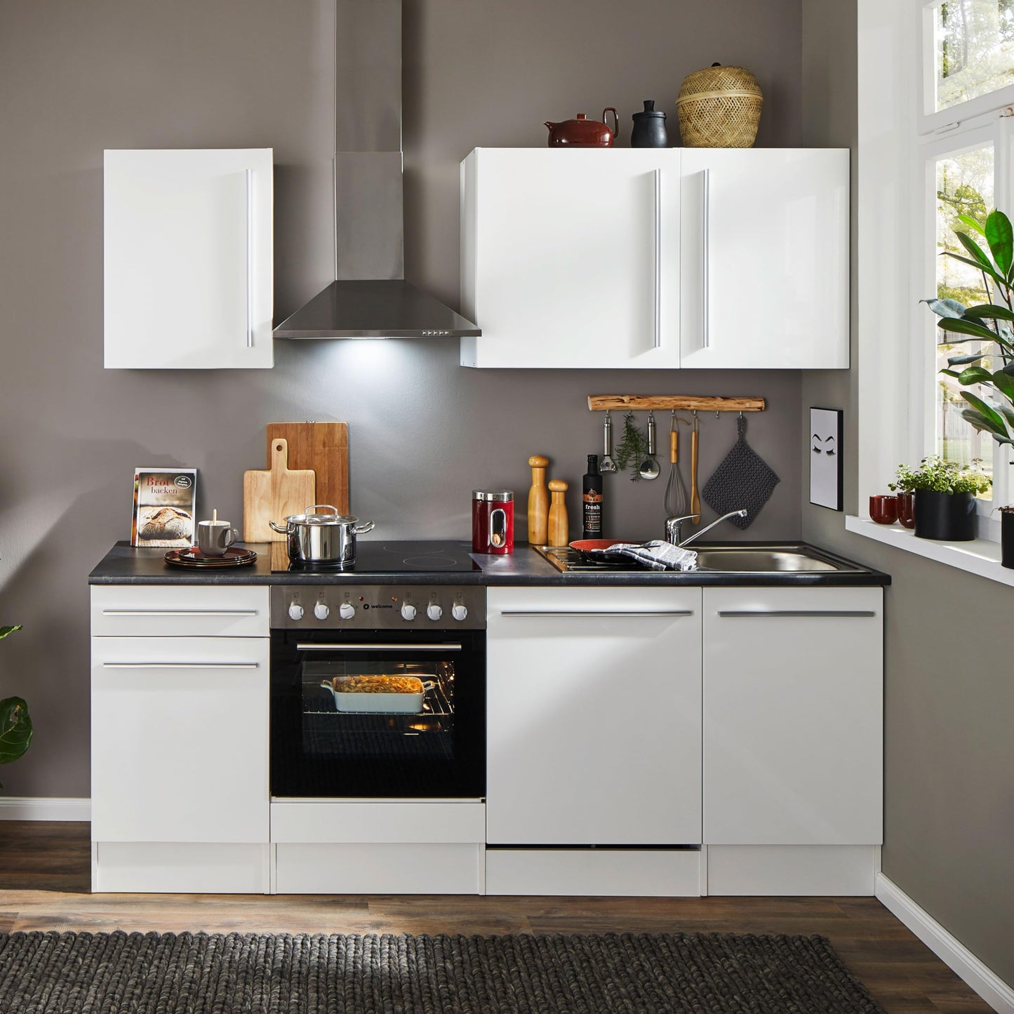 Jazz 8 Modern Kitchen Unit without Electrical Appliances in Anthracite, Artisan Oak Look, Spacious Fitted Kitchen with Lots of Storage Space, 220 x 211 x 60 cm (W x H x D)