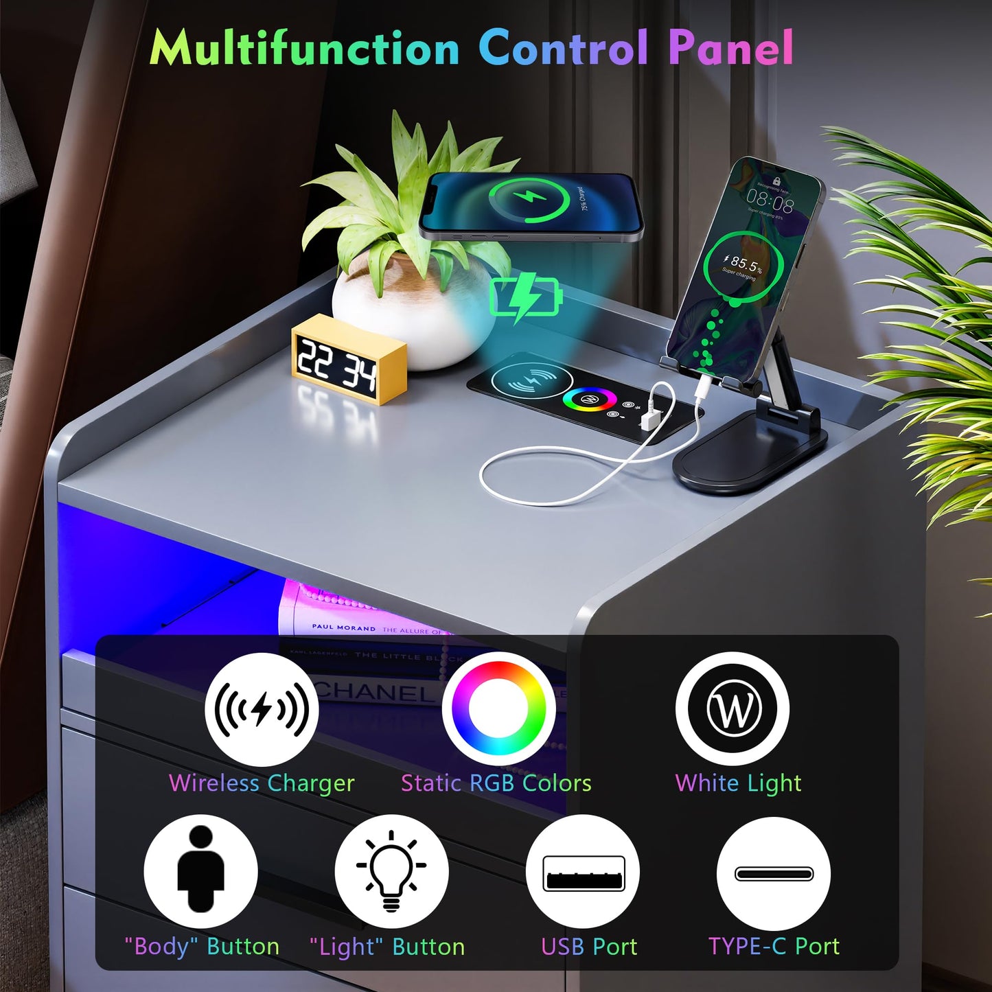 Lvifur Bedside Cabinet Set of 2 with Lighting, LED Bedside Table with Charging Function, 24 Colours Dimmable, Sideboard with 3 Drawers, USB Type-C Automatic Sensor, Bedroom, Grey