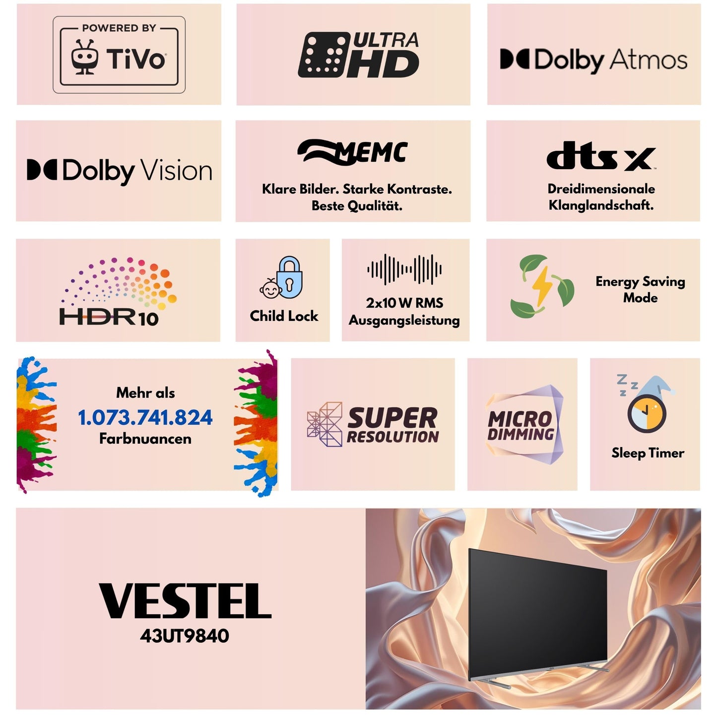 Vestel Fernseher 50 Zoll Smart TV Powered by TiVo, 4K UHD Fernseher mit Dolby Vision HDR, Dolby Atmos und integriertem Triple-Tuner, LED TV 50UT9740 schwarz