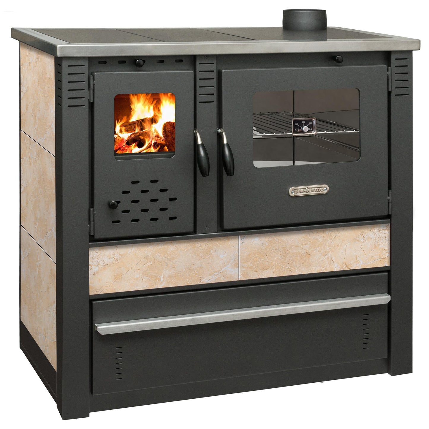 ProTermo Panonia Fireplace in Mocha with Left Flue - 10.54 kW Heating Output - 90 x 51 x 85 cm Wood Stove with Baking Compartment, Thermometer and Hob without Self-Closing Door - Type 2