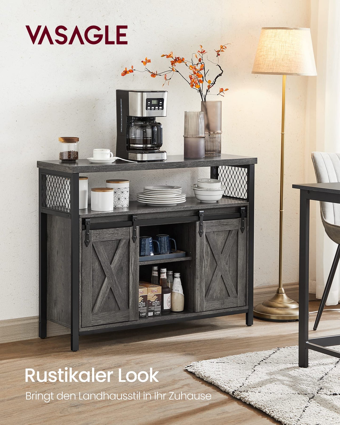 VASAGLE Sideboard, Kitchen Cabinet, Storage Cabinet with 2 Sliding Doors, 33 x 100 x 80 cm, Adjustable Shelves, Country Style for Living Room, Natural-Black LSC092B50