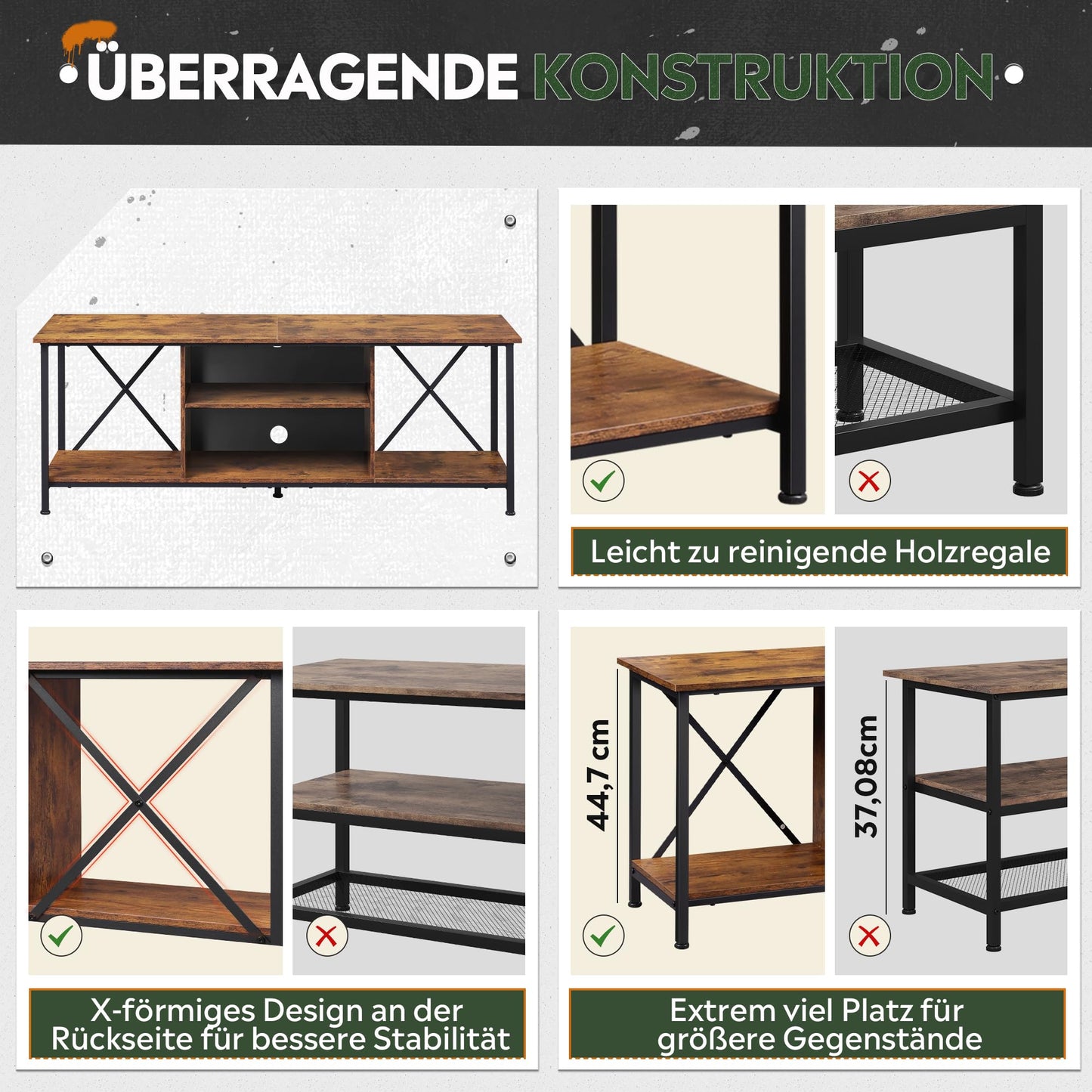 WLIVE TV Schrank, TV Lowboard für Fernseher bis zu 65 Zoll, TV Board Fernsehschrank mit Offenen Stauraum, 140 x 40 x 49 cm, Fernsehtisch für Wohnzimmer und Schlafzimmer, Vintagebraun-Schwarz