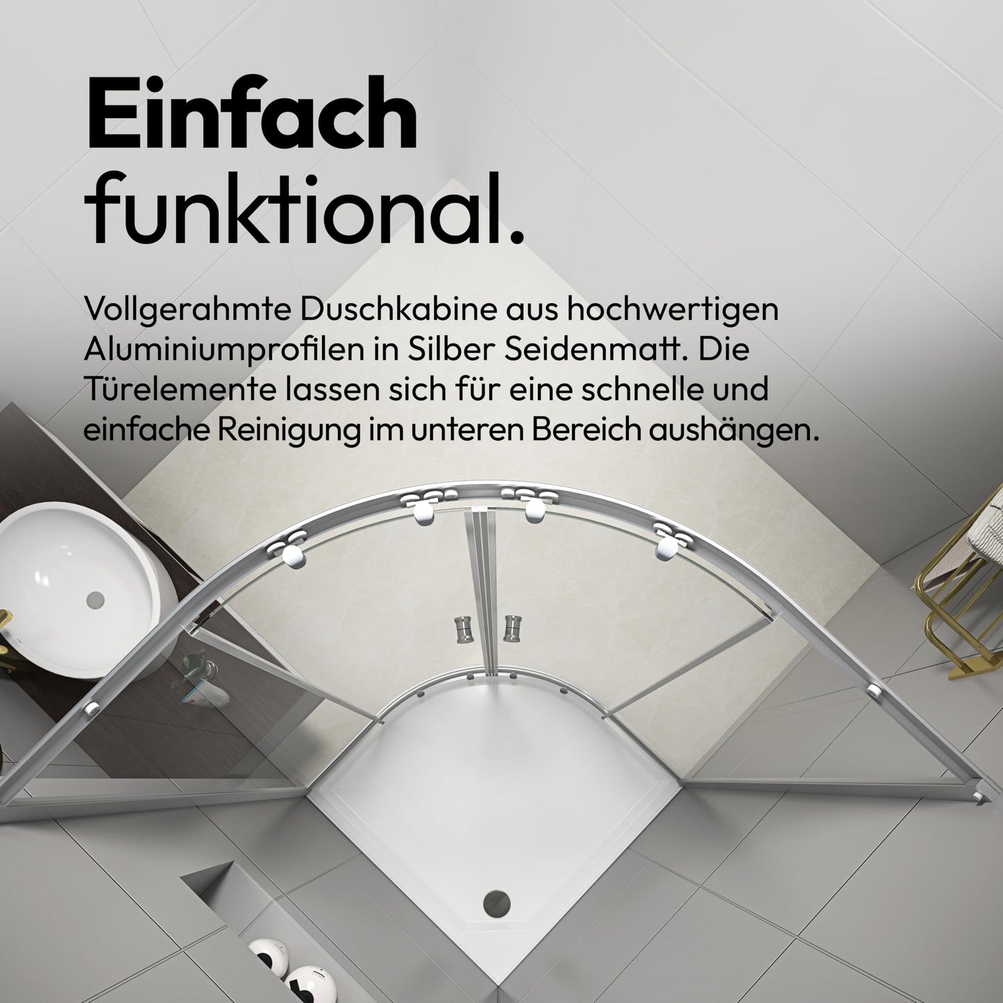 MARWELL Shower Cubicle Crystal Round Shower Complete Set Radius 55 cm and 4 mm Thick Tempered Safety Glass, Glass Shower with Aluminium Profiles in Silver Satin Matt