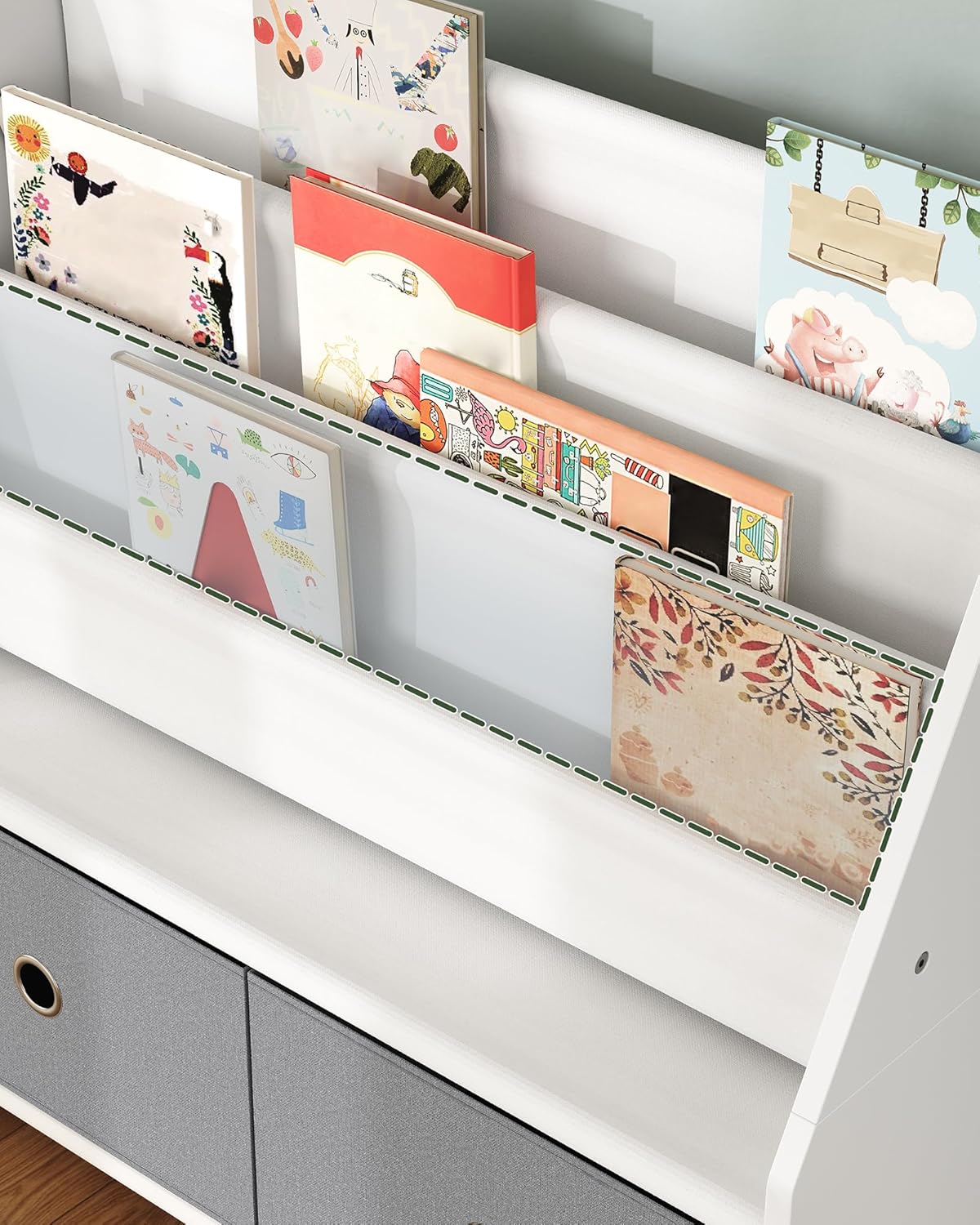 Kids Bookcase, Kids Shelf, Toy Organiser, with 3 Fabric Compartments and 2 Pull Out Toy Boxes, for Kids 3-8 Years Old, for Nursery Playroom, White and Grey DMCW06WT