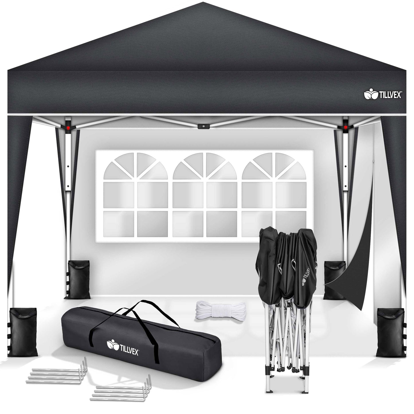 tillvex Gazebo 3 x 3 m Waterproof with 4 Side Panels + Set of 4 Sandbags Pop-Up Folding Gazebo Stable & Height Adjustable Garden Tent UV Protection 50+ Party Tent with Bag for Garden, Grey