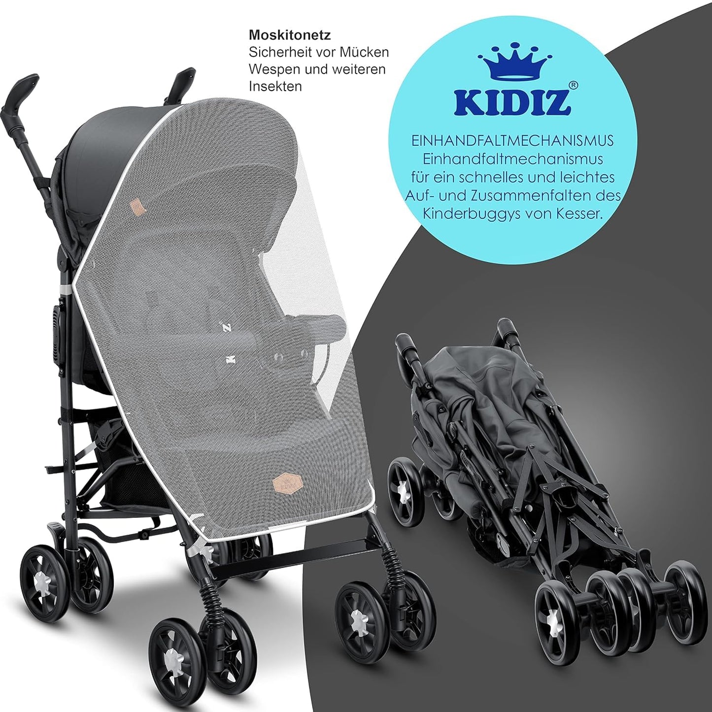 KIDIZ® City-Pro Pushchair Folding Pushchair Pushchair Sports Pushchair Foldable 360° 6 Inch Wheels Includes Mosquito Net, Footmuff and Rain Cover Foldable Sleep Function Blue