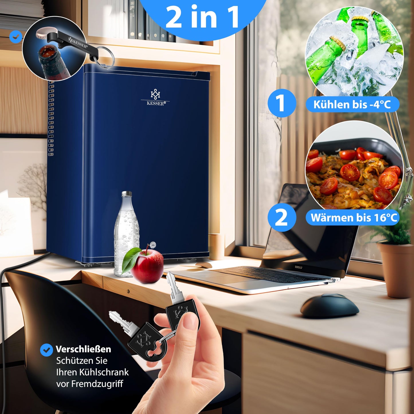 KESSER® Mini Fridge 40 L Lockable Mini Bar Ideal for Camping, Office, Bedroom, Hotel, Kitchen, Small Fridge Completely Silent, Interchangeable Door Hinge, Interior Lighting with Glass Opener