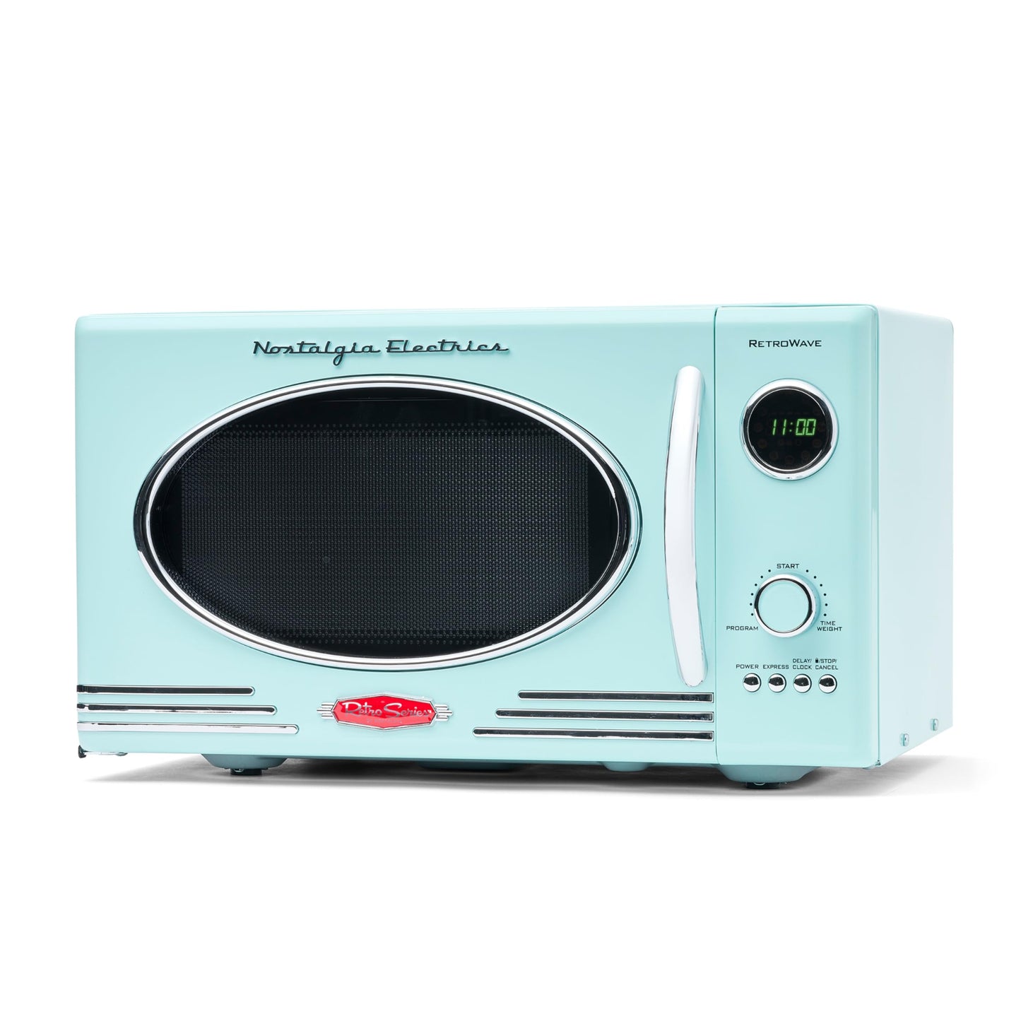 Nostalgia RMO4RR Retro Large 0.9 Cubic Feet, 800 Watt Top Microwave, 12 Preprogrammed Cooking Settings, Digital Clock, Easy Clean Interior, Metallic Red