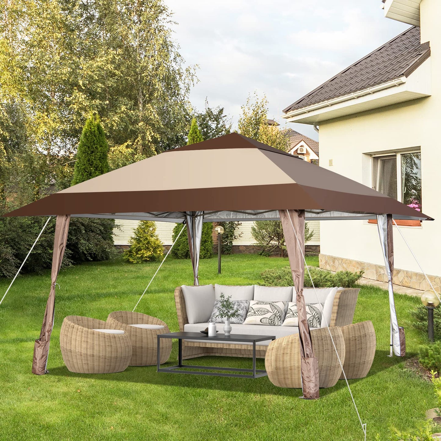COSTWAY Folding Gazebo 4 x 4 m, Pop Up Gazebo with Wheels and Carry Bag, Waterproof, UV Protection 50+, Party Tent, Garden Gazebo for Garden, Party, Wedding and Festival