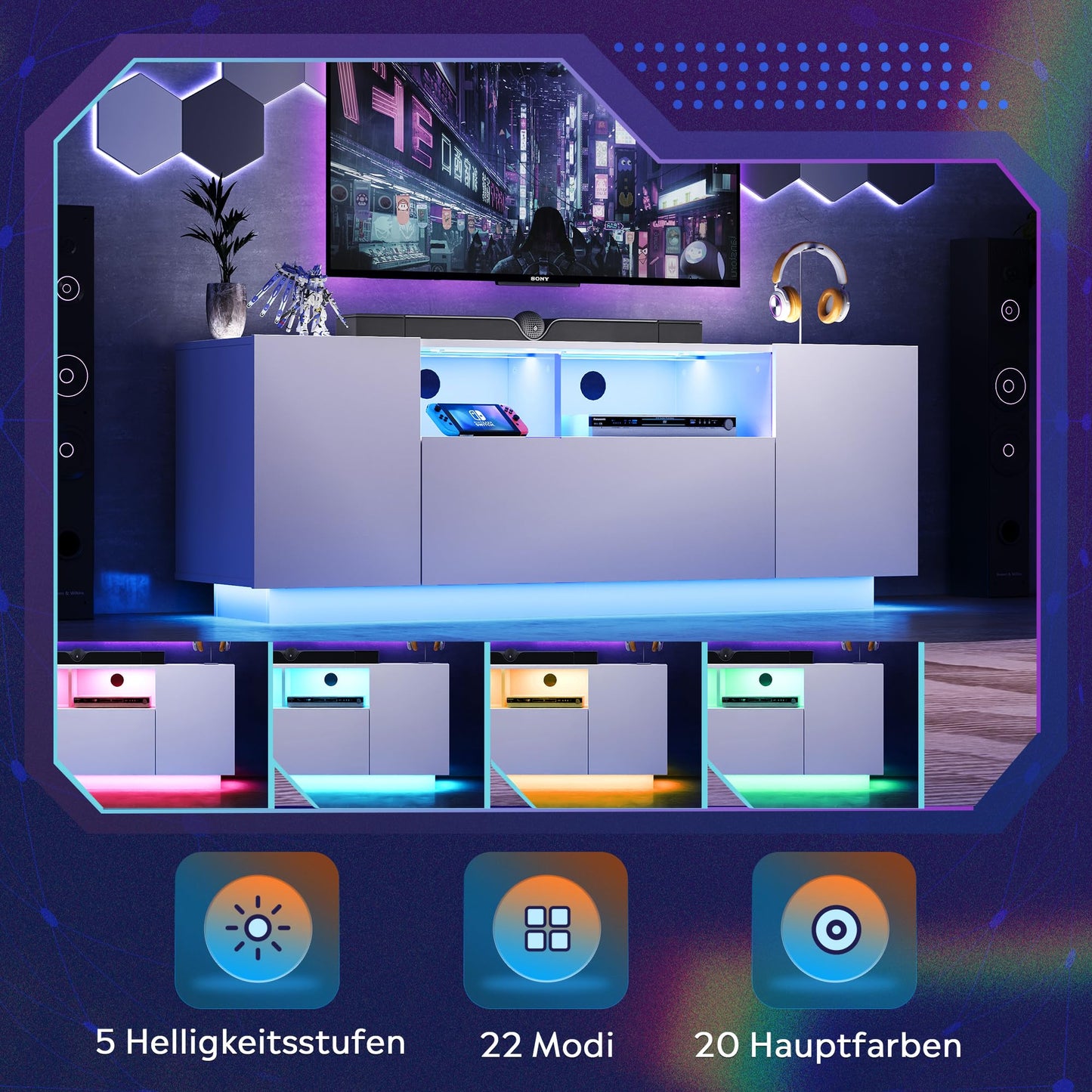 WLIVE TV Cabinet Black Lowboard High Gloss with 20 Colours LED Lighting, TV Board with Cabinets and 2 Open Surfaces, TV Table with Folding Door, 122 x 36 x 45 cm, Black
