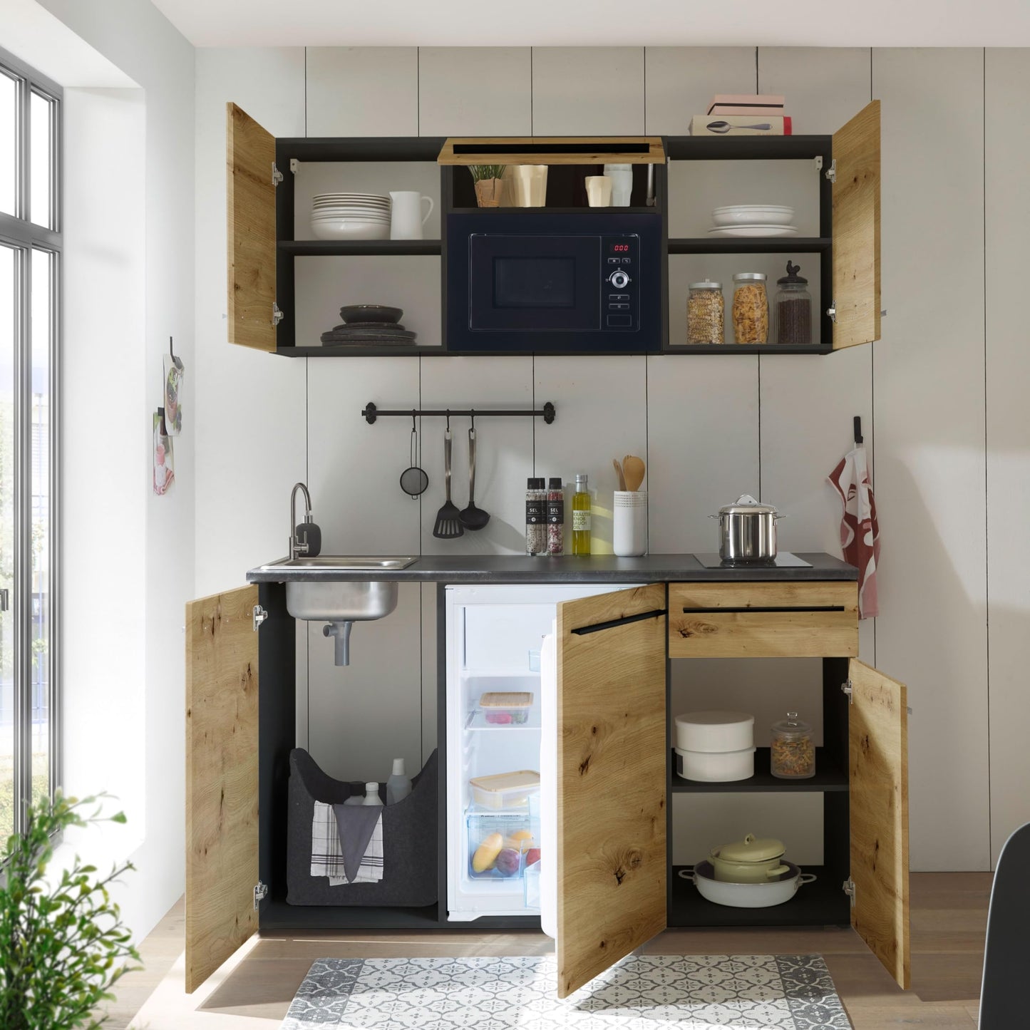 Jazz 84-240-Y6 Single Kitchen Unit Black / Artisan Oak Approx. 160 x 212 x 60 cm